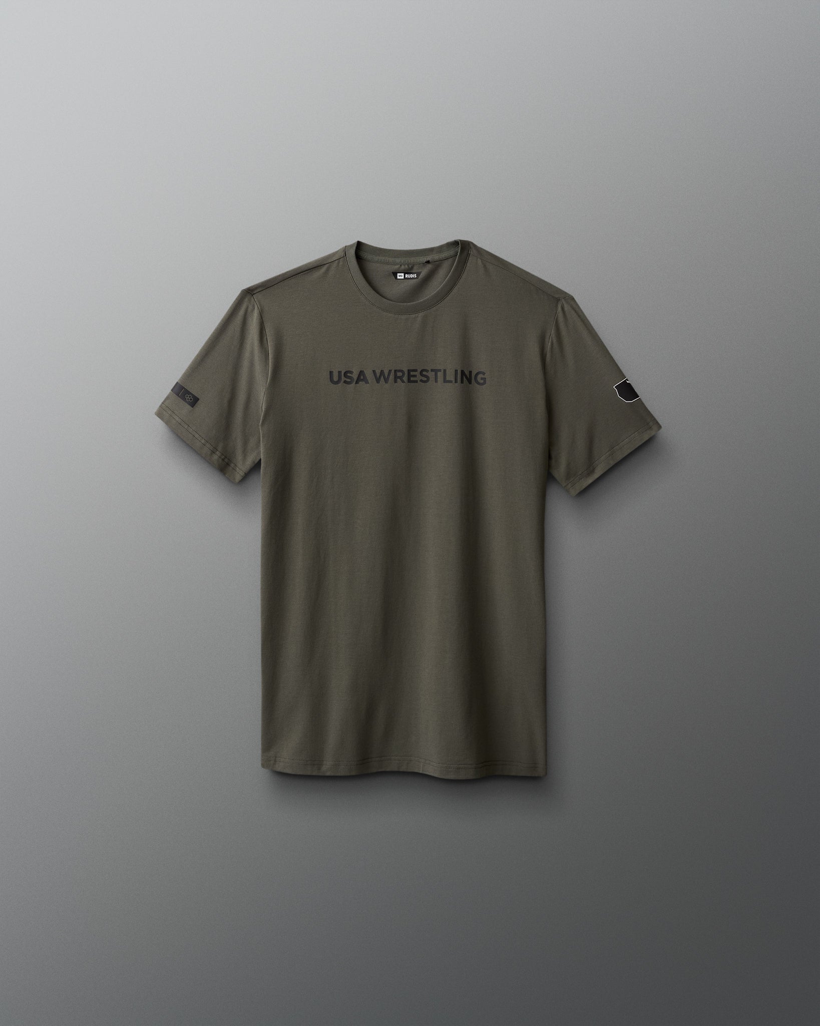 Green t-shirt with 'USA Wrestling' text on a gray background