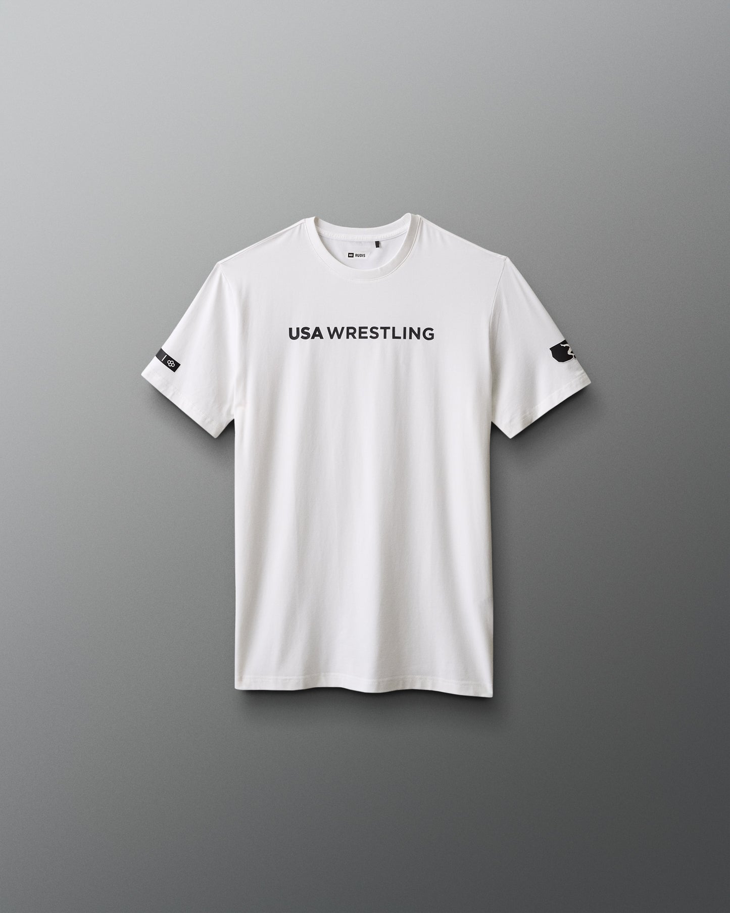White t-shirt with 'USA Wrestling' text on a gray background