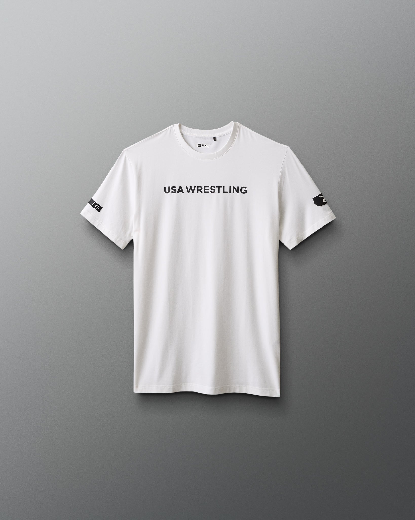 White t-shirt with 'USA Wrestling' text on a gray background