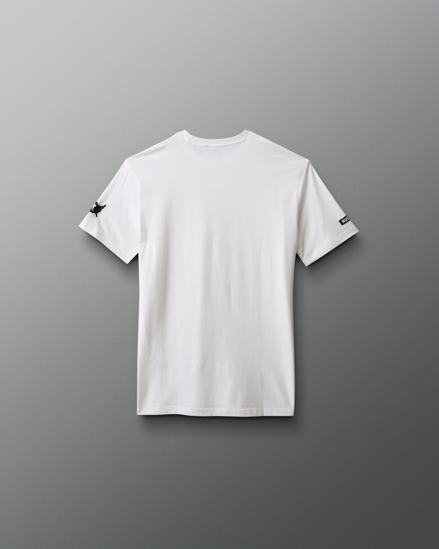 White t-shirt with small black logos on a gray background