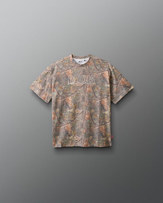 Camouflage-patterned t-shirt with 'RUDIS' branding on a gray background