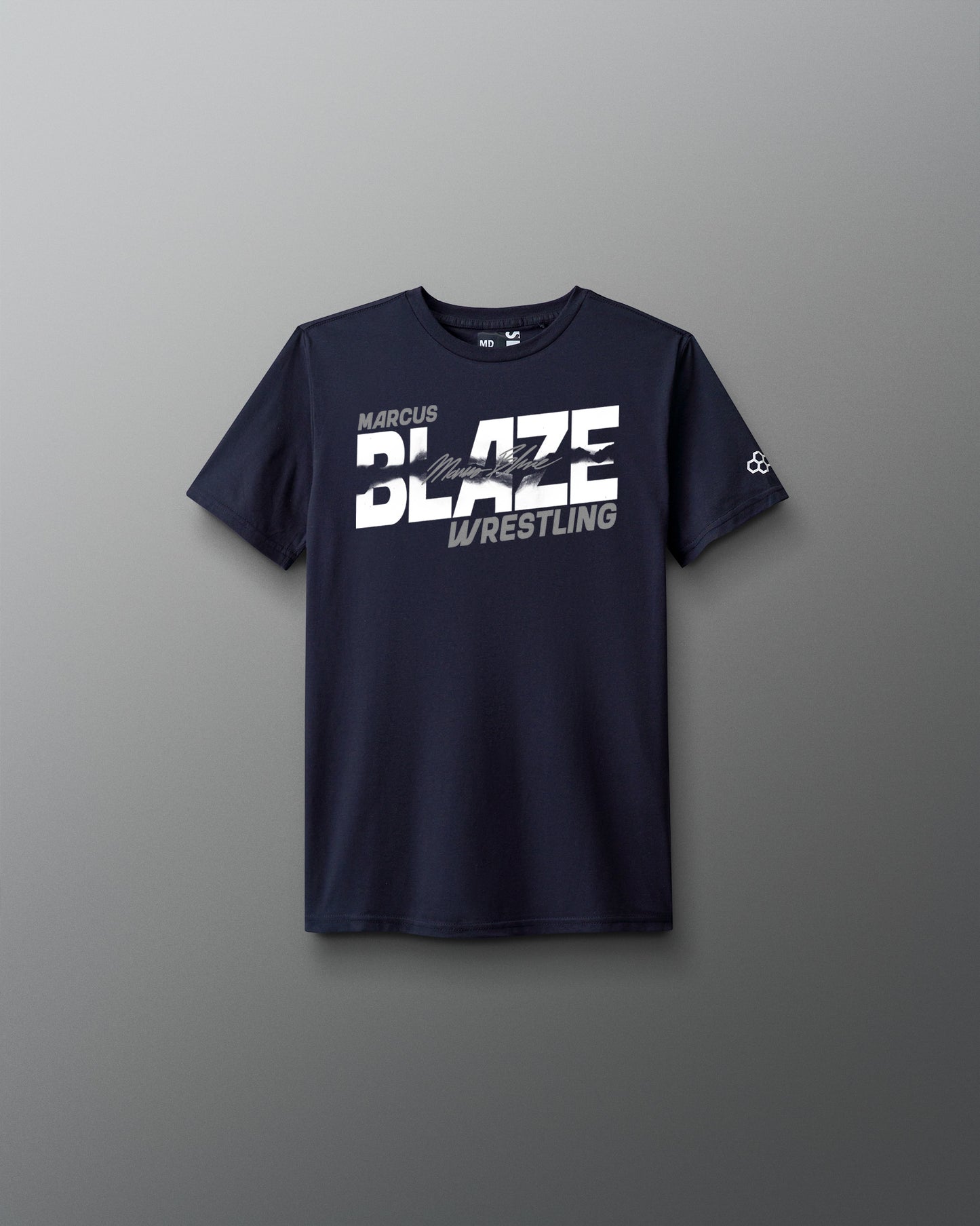 Navy blue t-shirt with 'Blaze Wrestling' text on a gray background