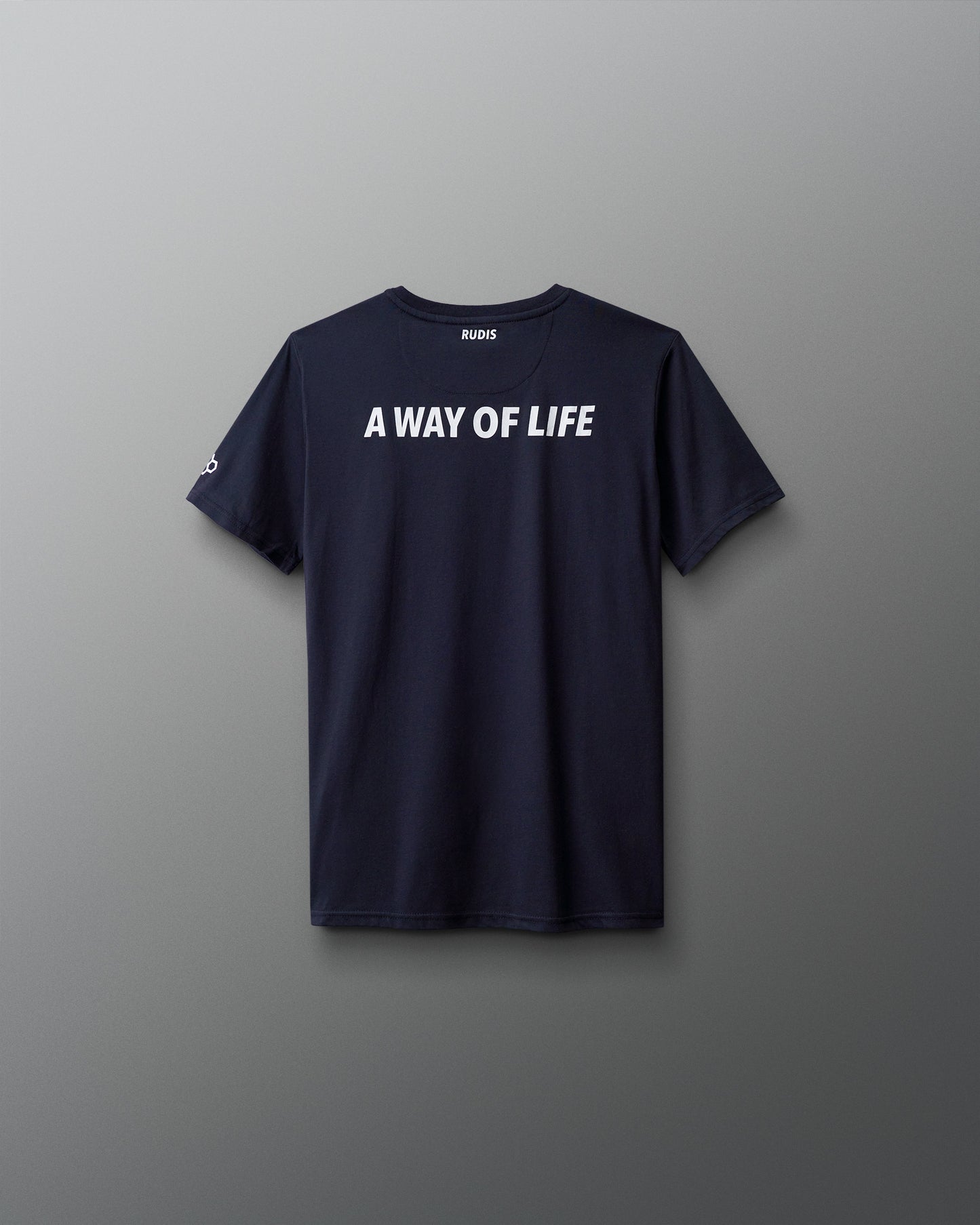 Navy blue t-shirt with 'A Way of Life' text on a gray background