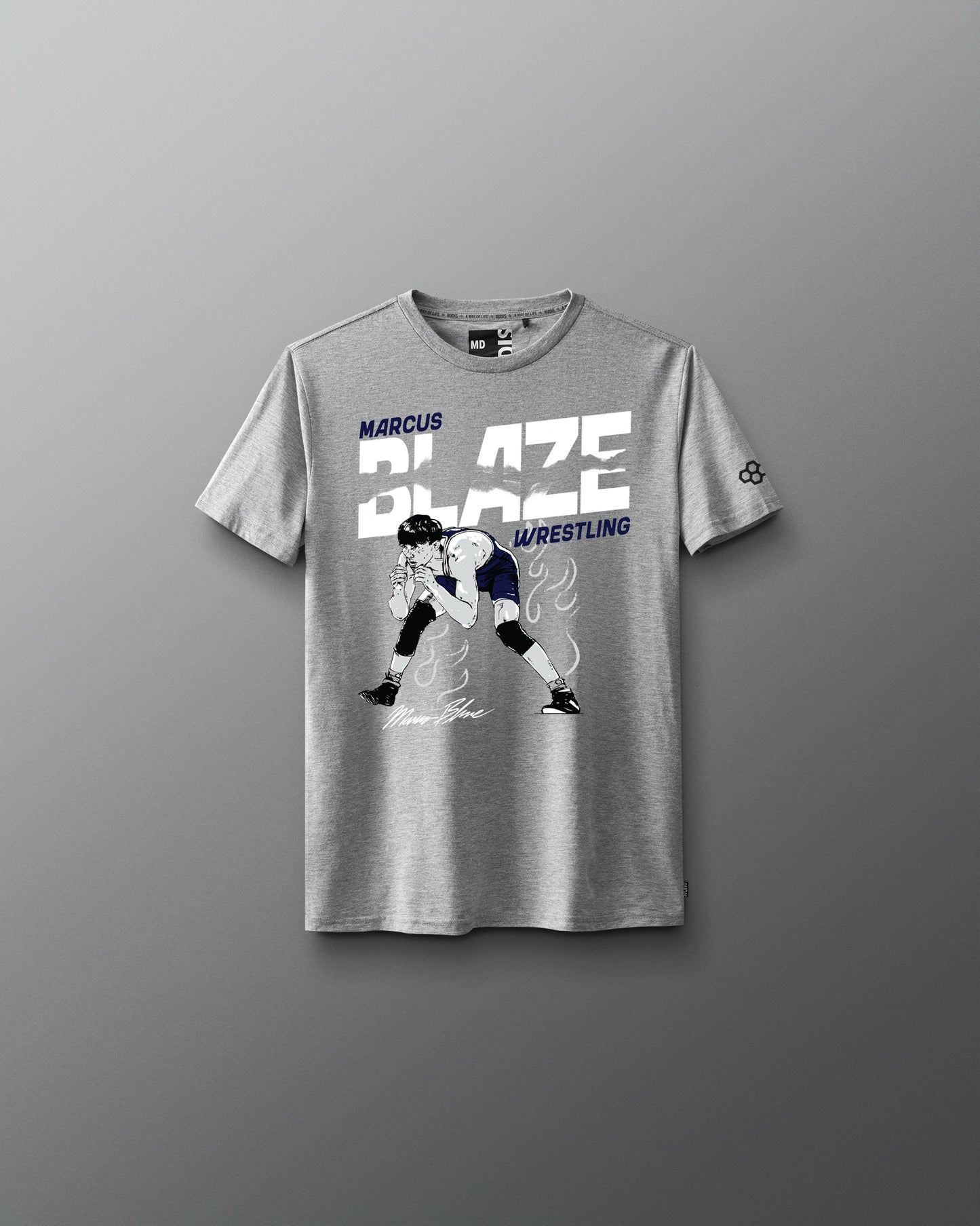 Gray t-shirt with a graphic design on a gray background
