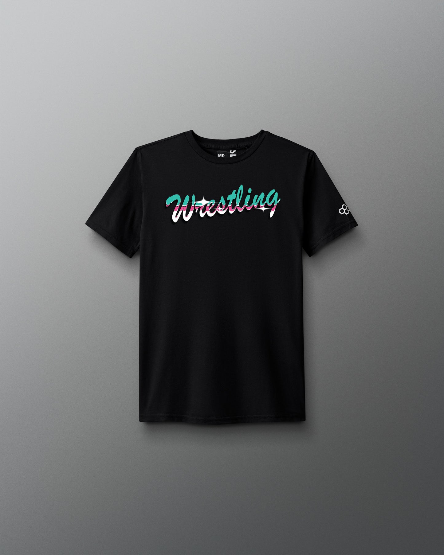 Black t-shirt with 'Wrestling' text on a gray background