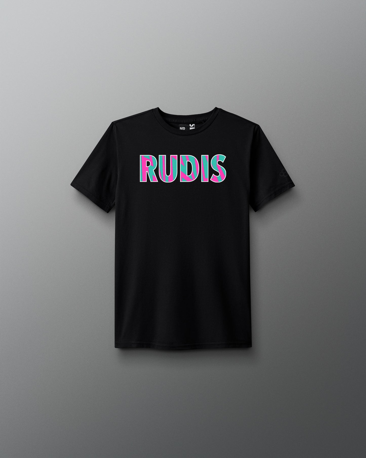 Black t-shirt with 'RUDIS' printed in colorful letters on a gray background