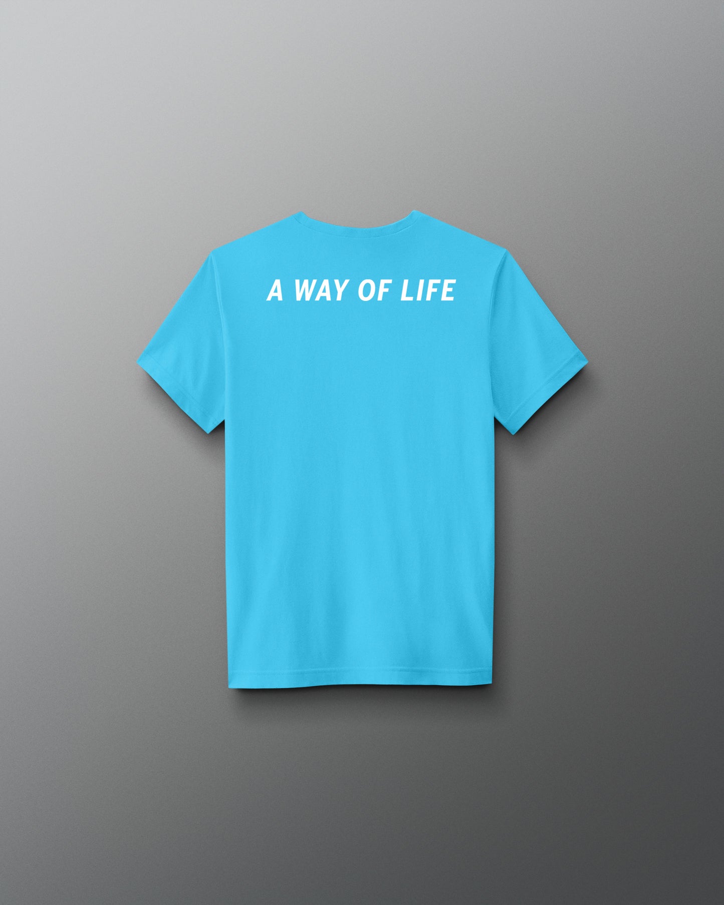 Blue t-shirt with 'A Way of Life' text on the back against a gray background