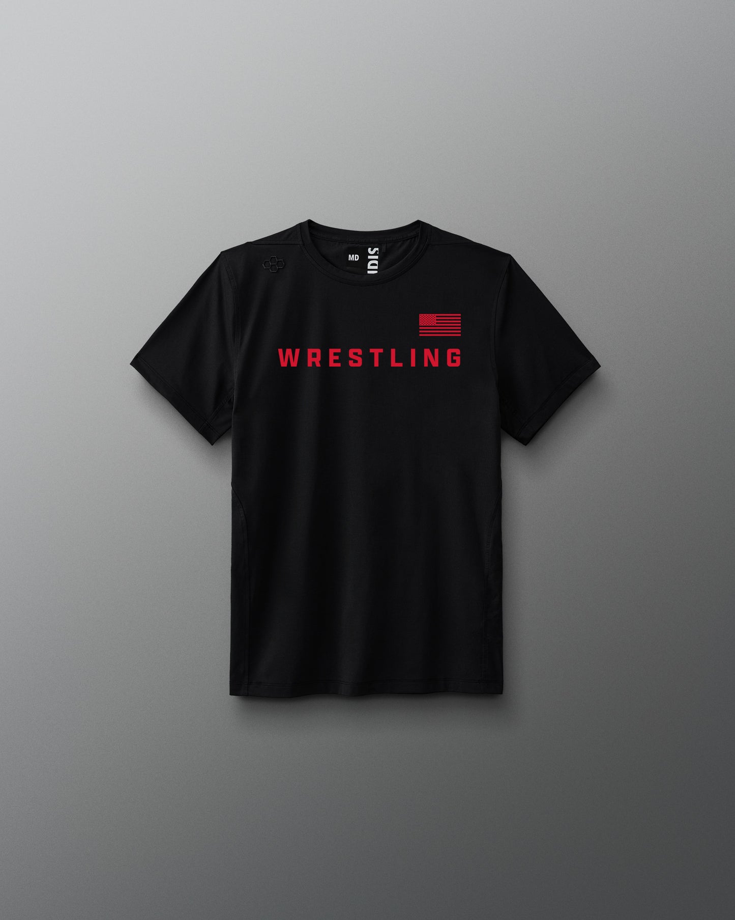Black t-shirt with 'Wrestling' printed in red on a gray background