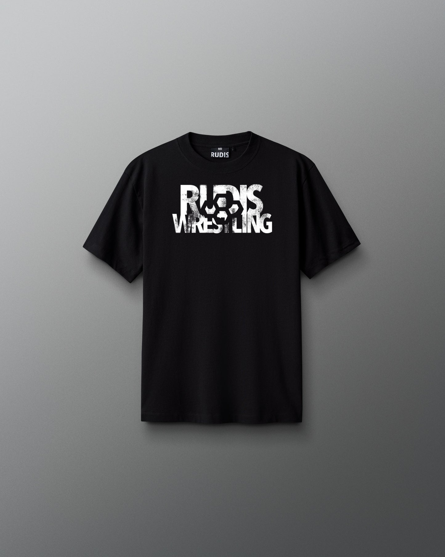 Black t-shirt with 'Rocks Wrestling' text on a gray background