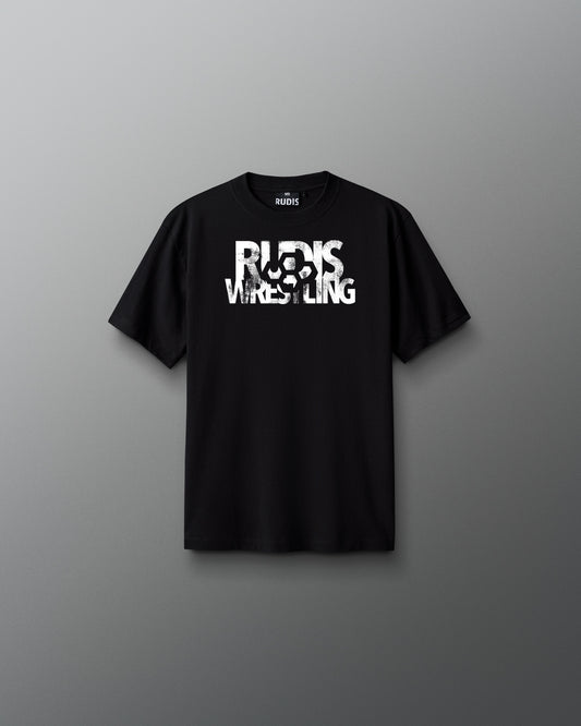 Black t-shirt with 'Rocks Wrestling' text on a gray background