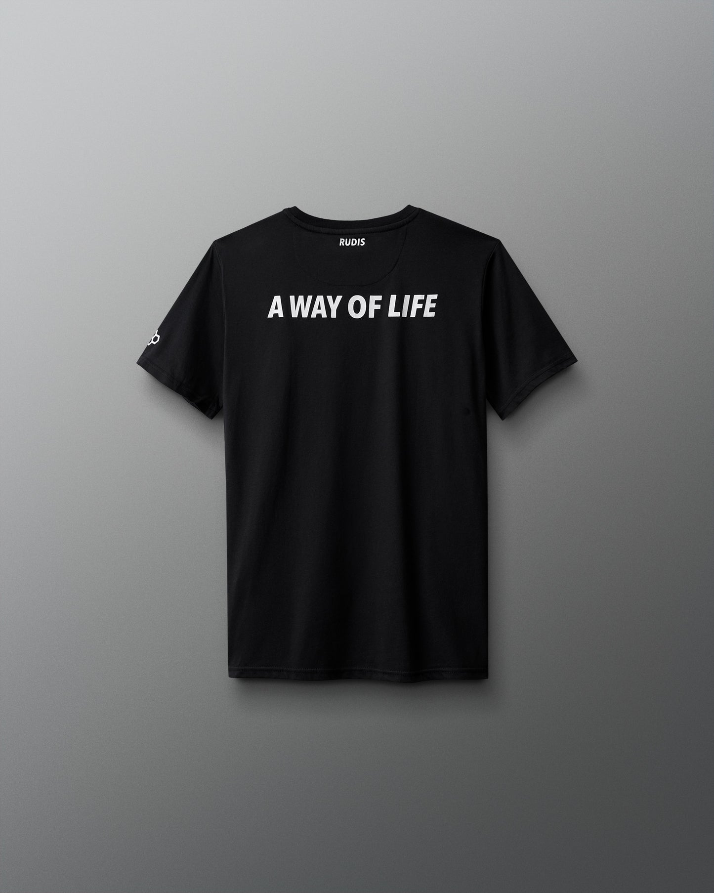 Black t-shirt with 'A WAY OF LIFE' text on a gradient background
