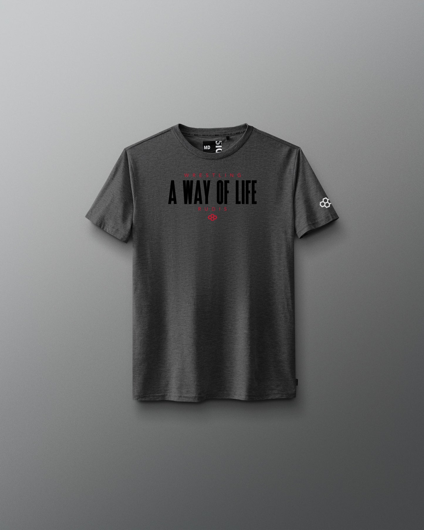 Gray t-shirt with text on a gray background