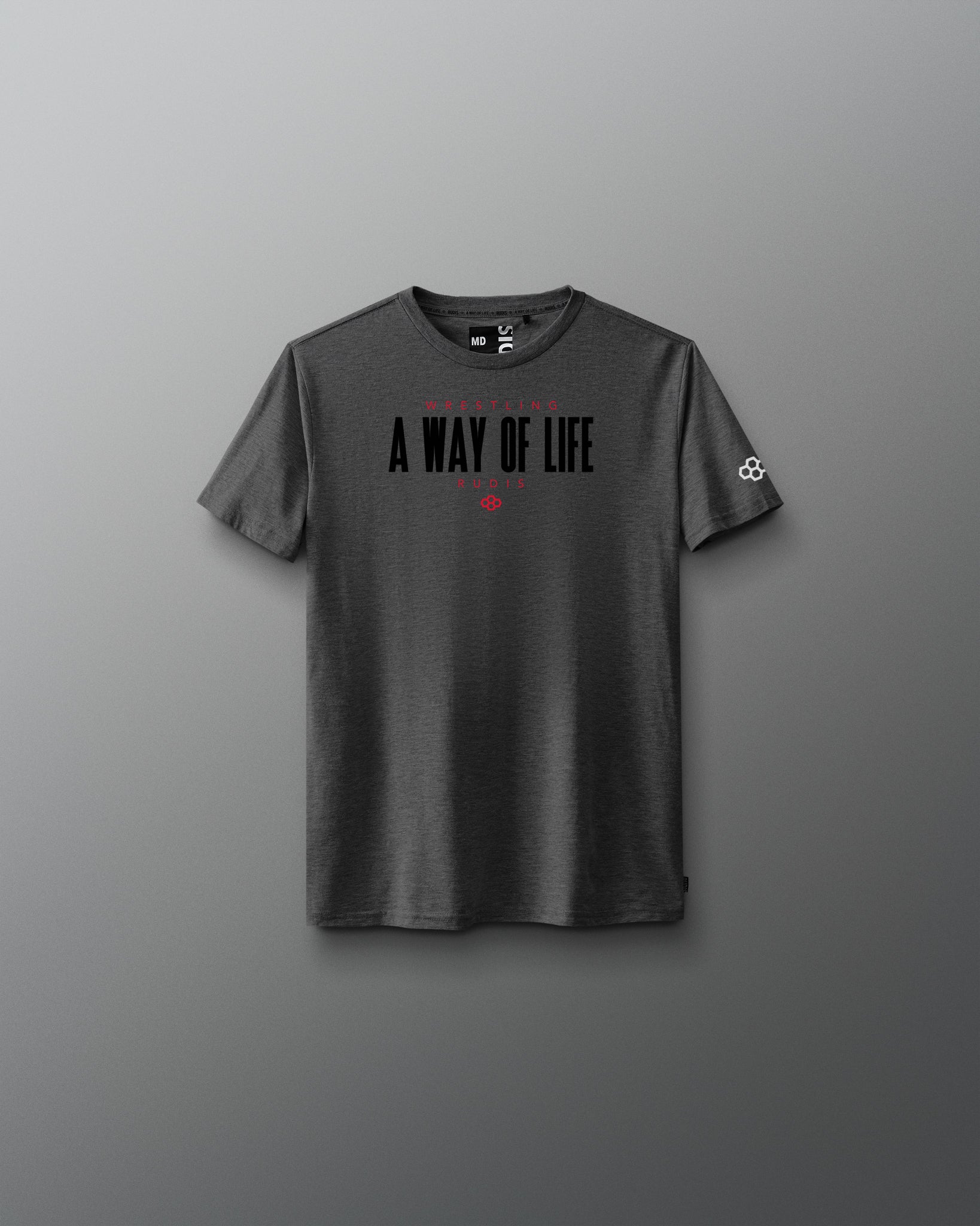 Gray t-shirt with text on a gray background