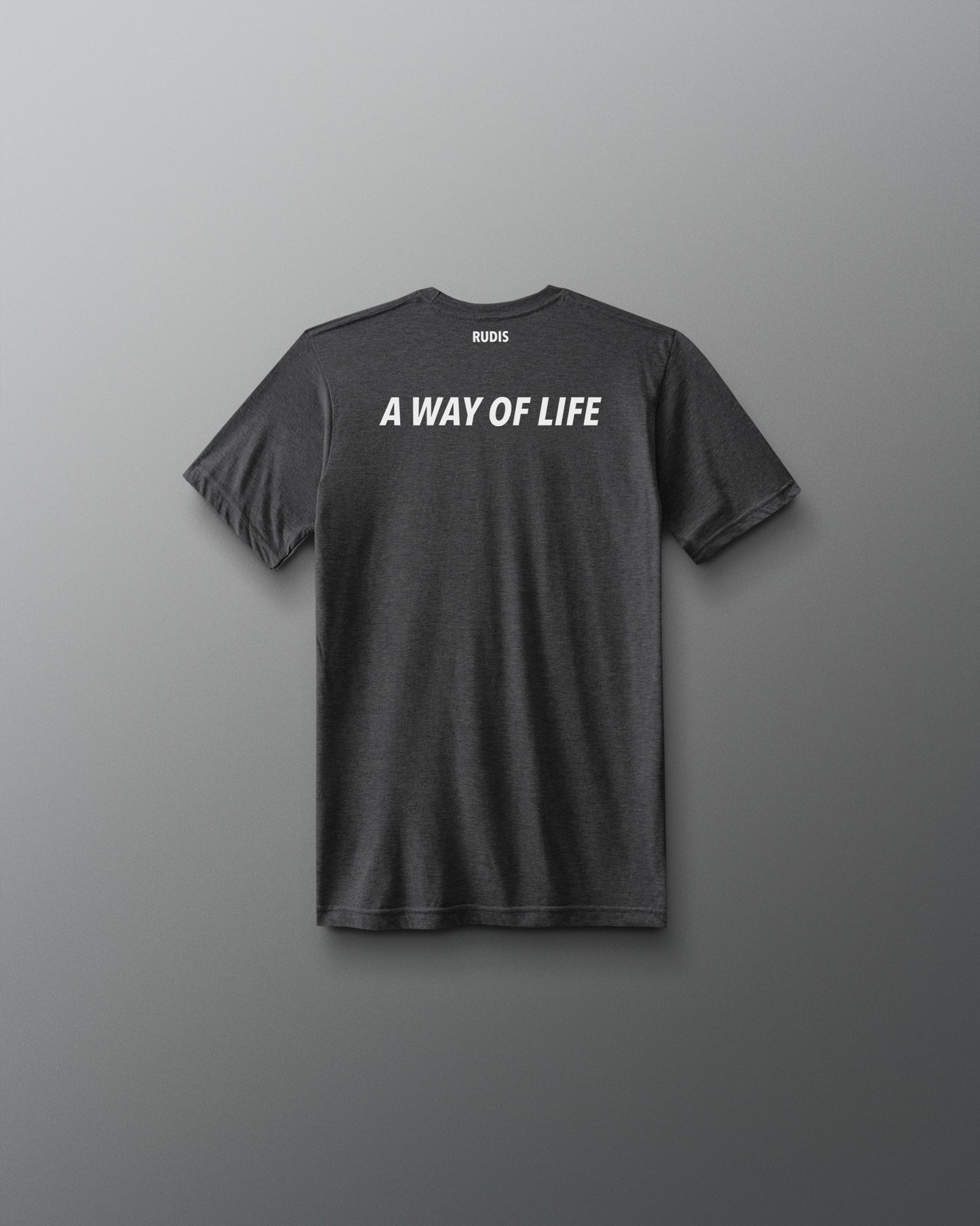 Black t-shirt with 'A Way of Life' text on the back against a gray background
