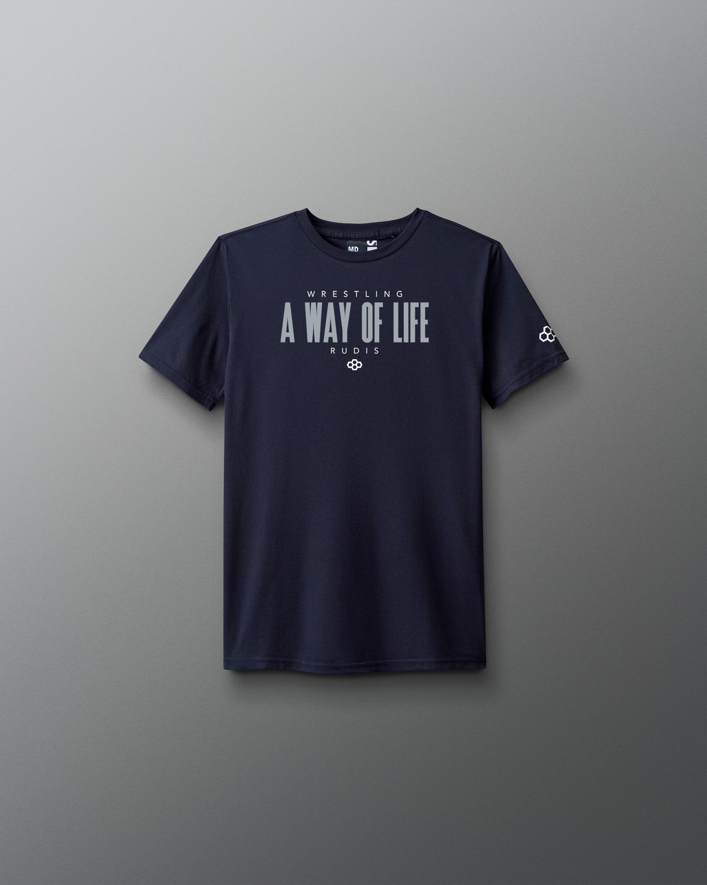 Navy blue t-shirt with 'Wrestling A Way of Life' text on a gray background