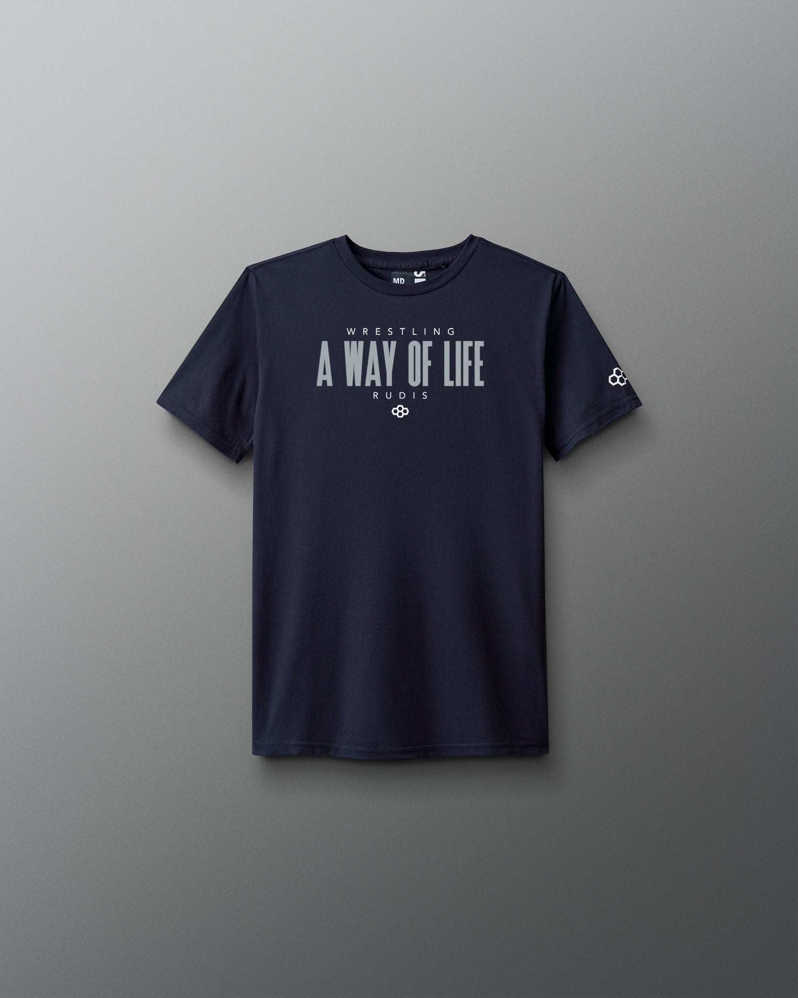 Navy blue t-shirt with 'Wrestling A Way of Life' text on a gray background