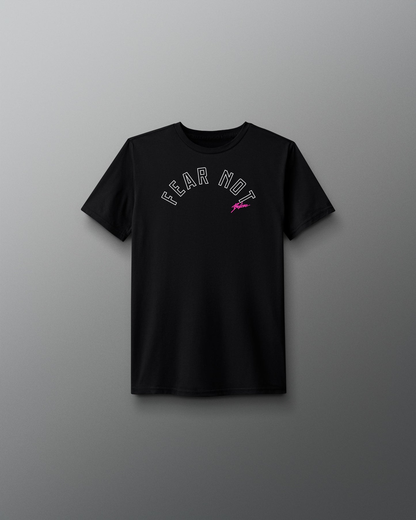 Black t-shirt with 'FEAR NOT' text on a gray background