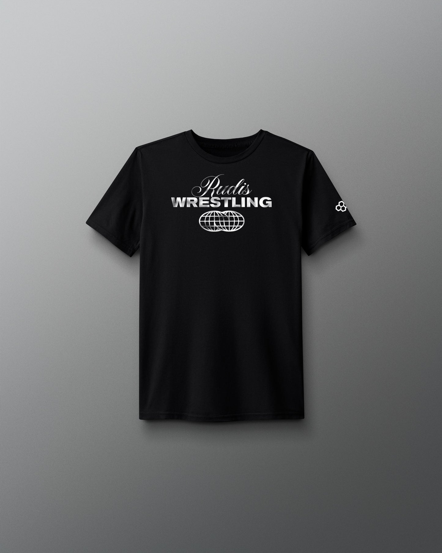 Black t-shirt with 'Rudis Wrestling' text on a gray background