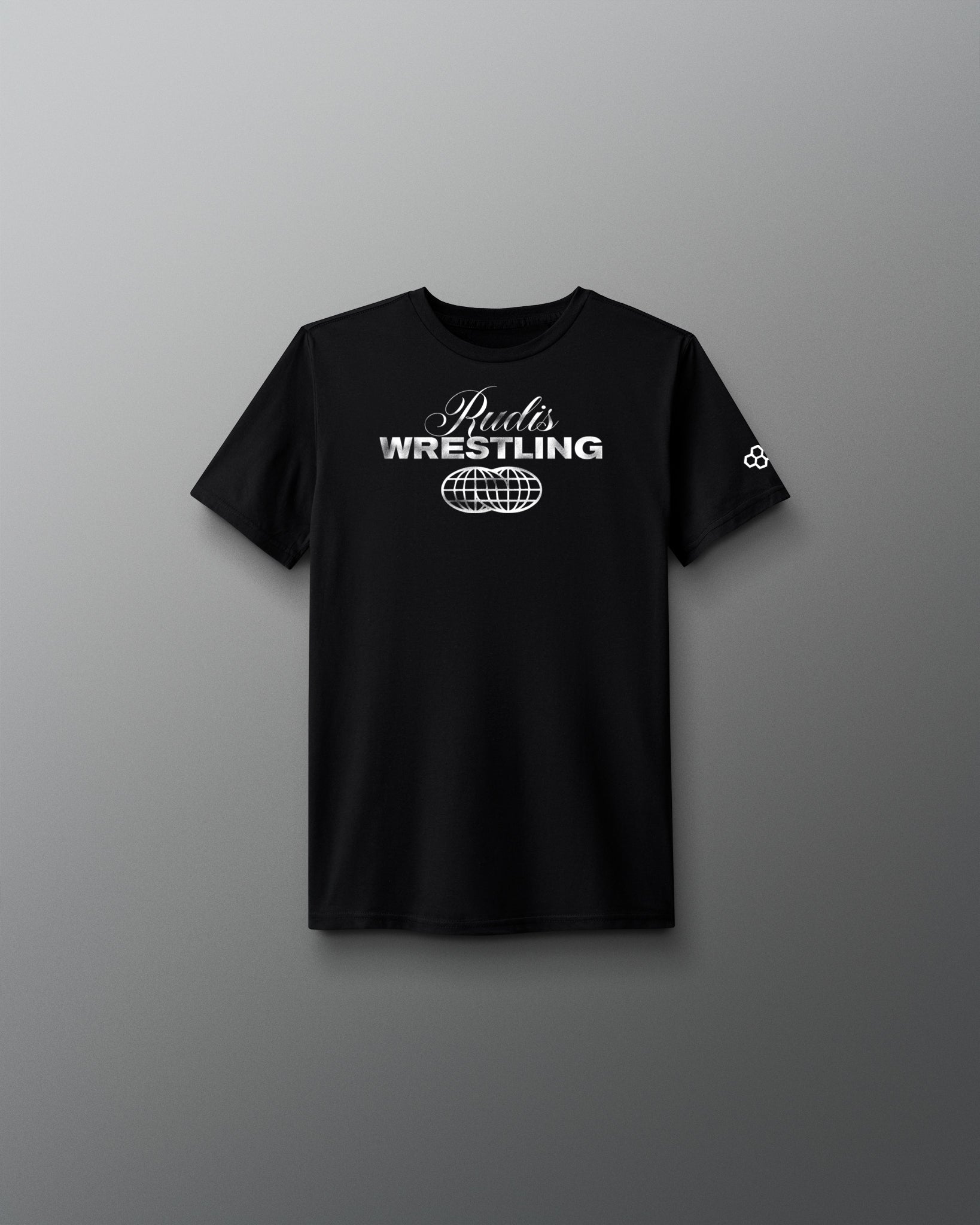 Black t-shirt with 'Rudis Wrestling' text on a gray background