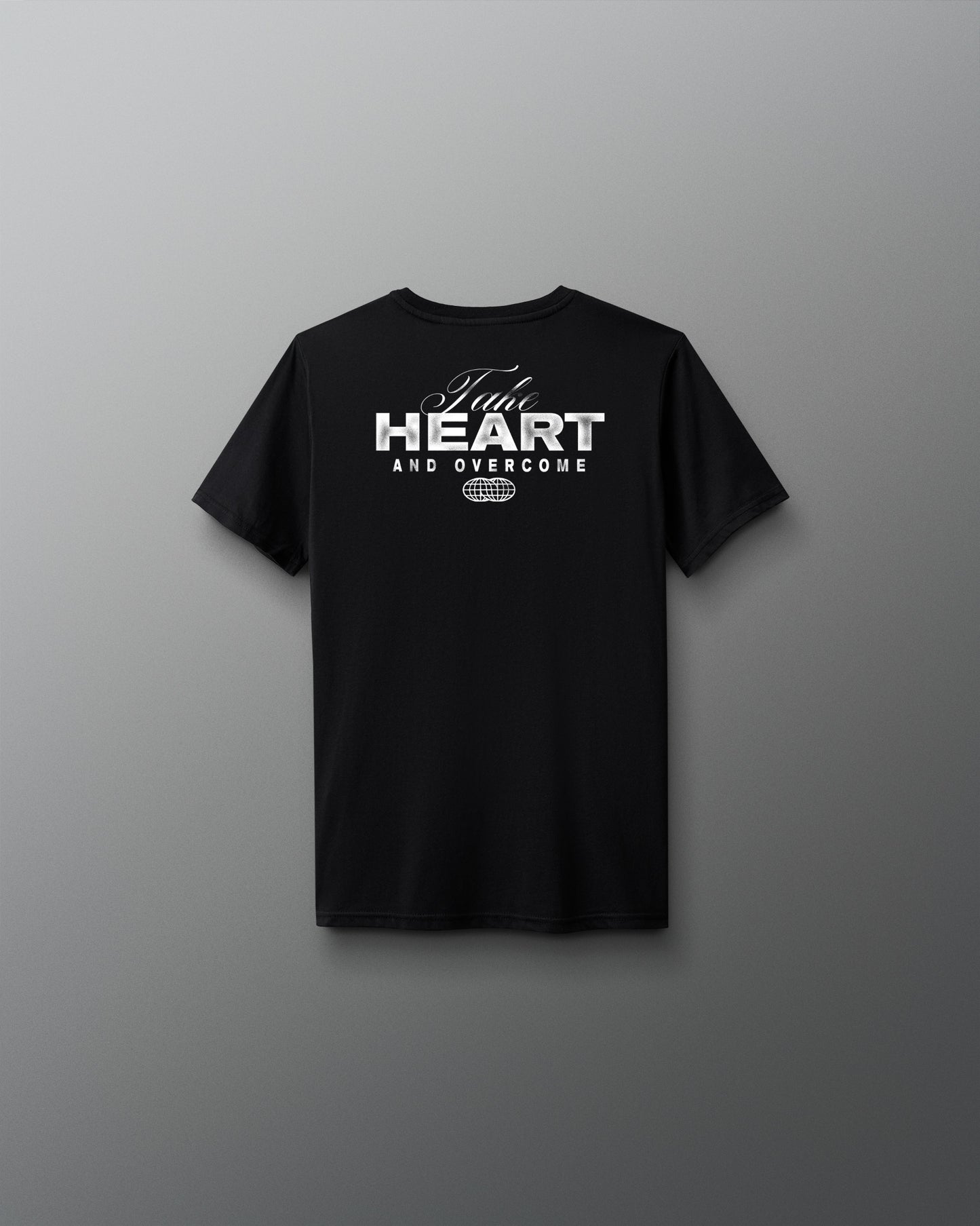 Black t-shirt with white text on a gray background