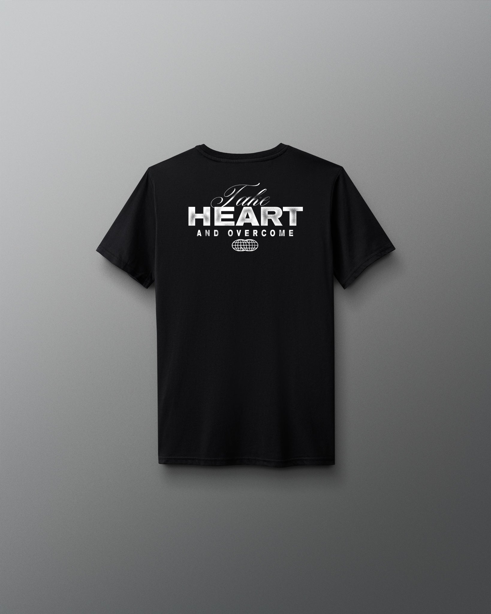 Black t-shirt with white text on a gray background