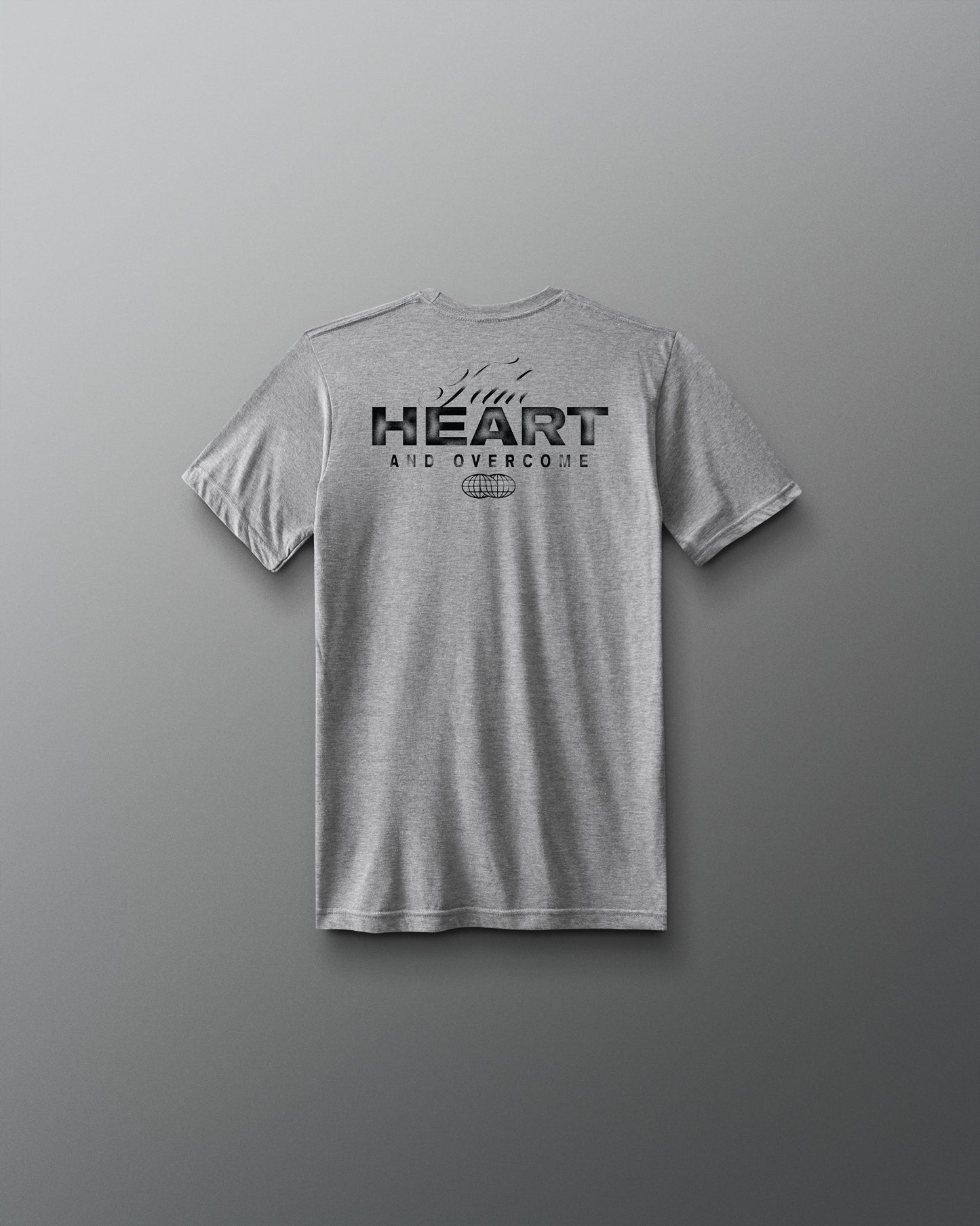 Gray t-shirt with text on the back against a gray background