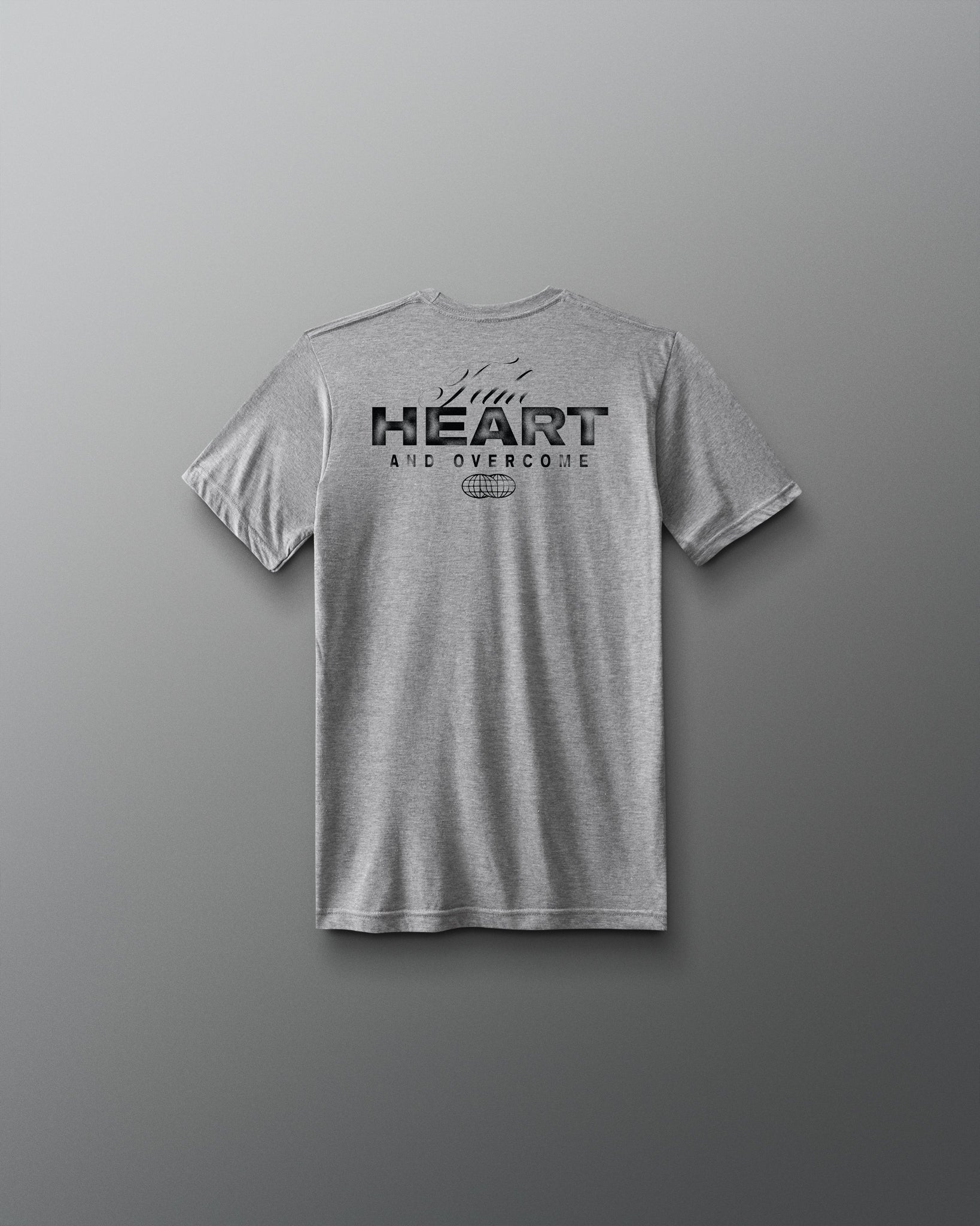 Gray t-shirt with text on the back against a gray background
