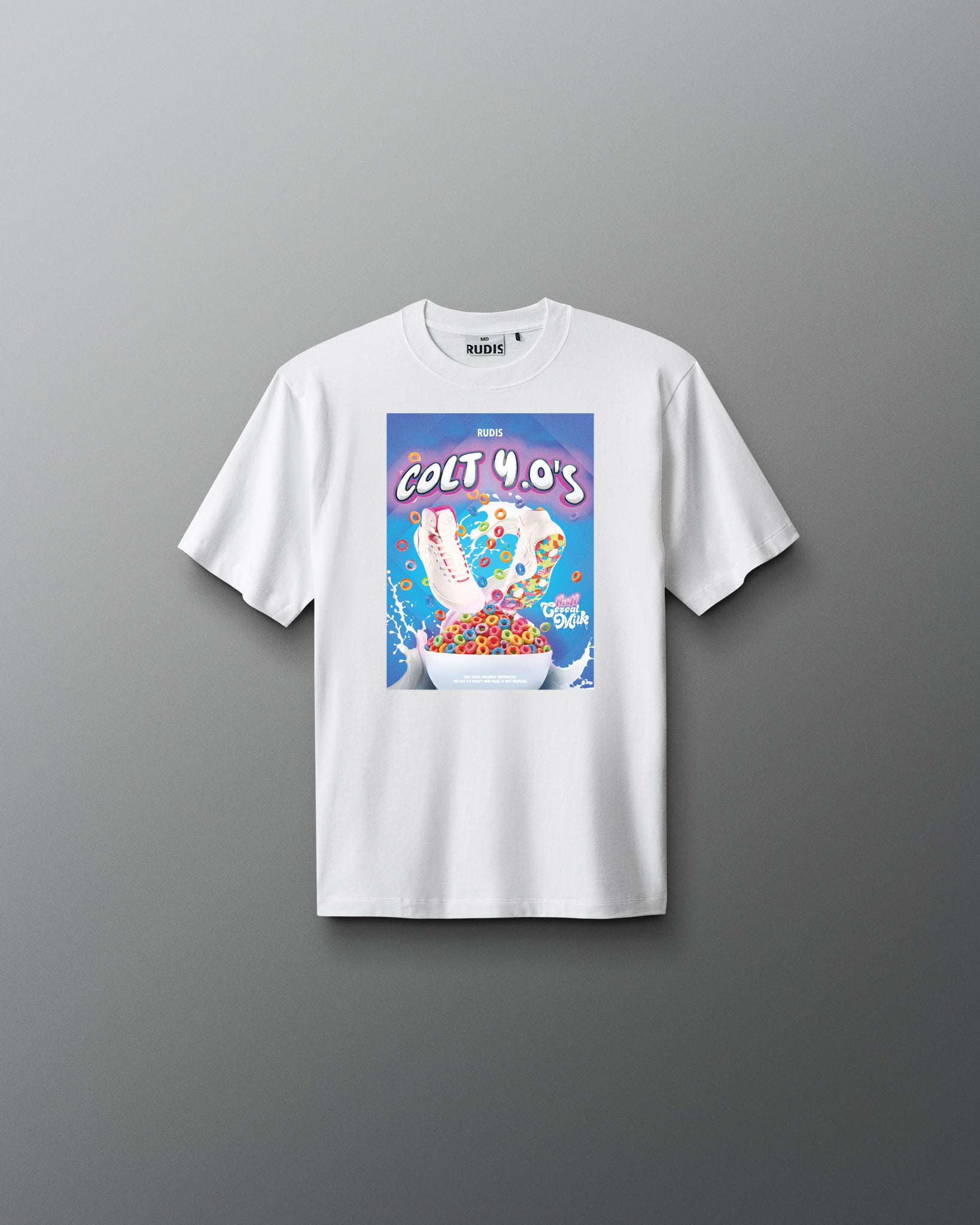 White t-shirt with a colorful graphic design on a gray background