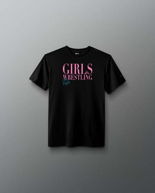 Black t-shirt with pink and blue text on a gray background