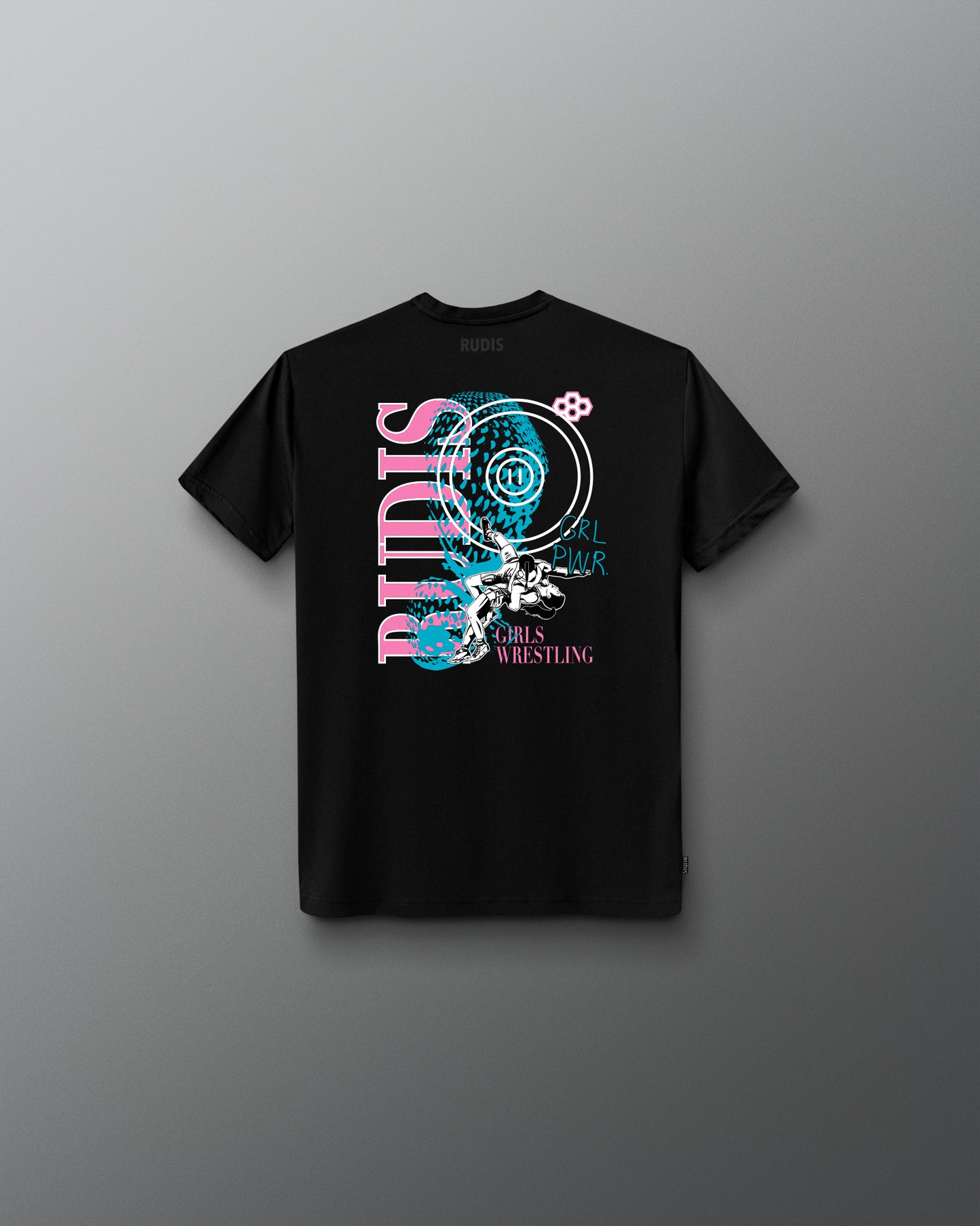 Black t-shirt with colorful graphic design on a gray background