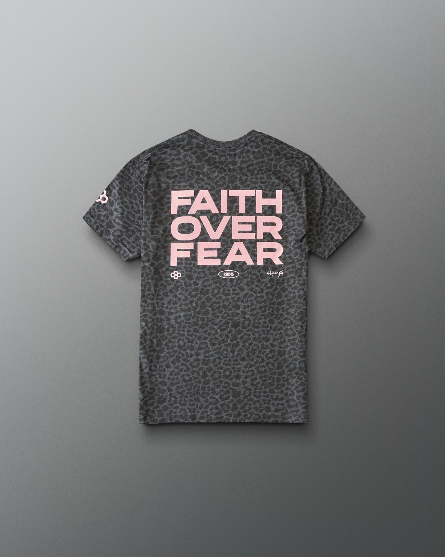 Gray t-shirt with 'Faith Over Fear' text on a gray background