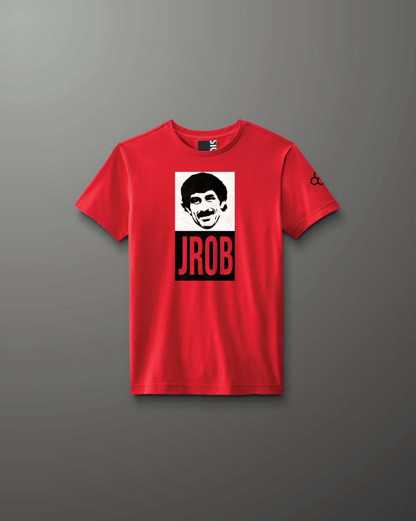 Red t-shirt with a graphic design on a gray background