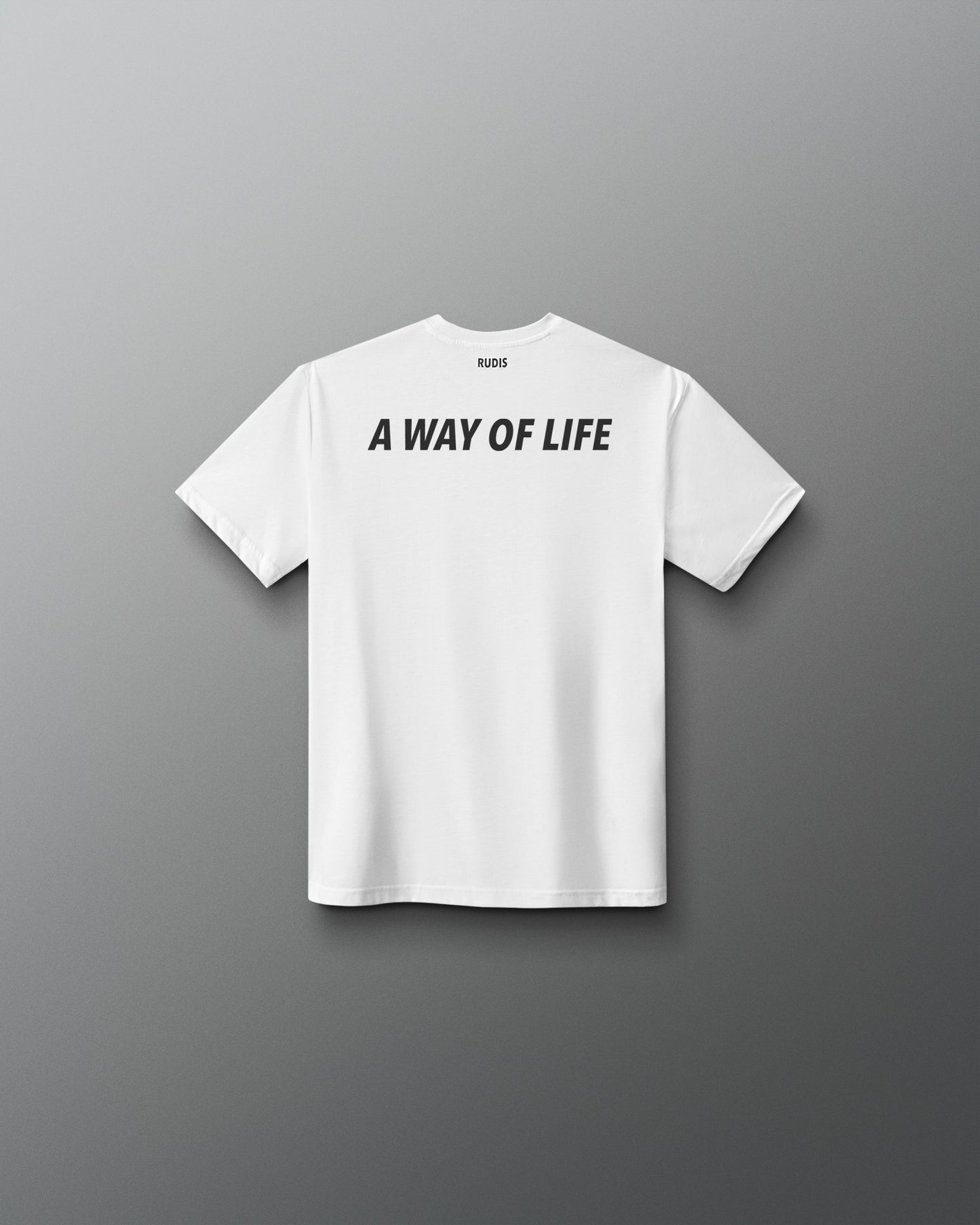 White t-shirt with 'A Way of Life' text on a gray background