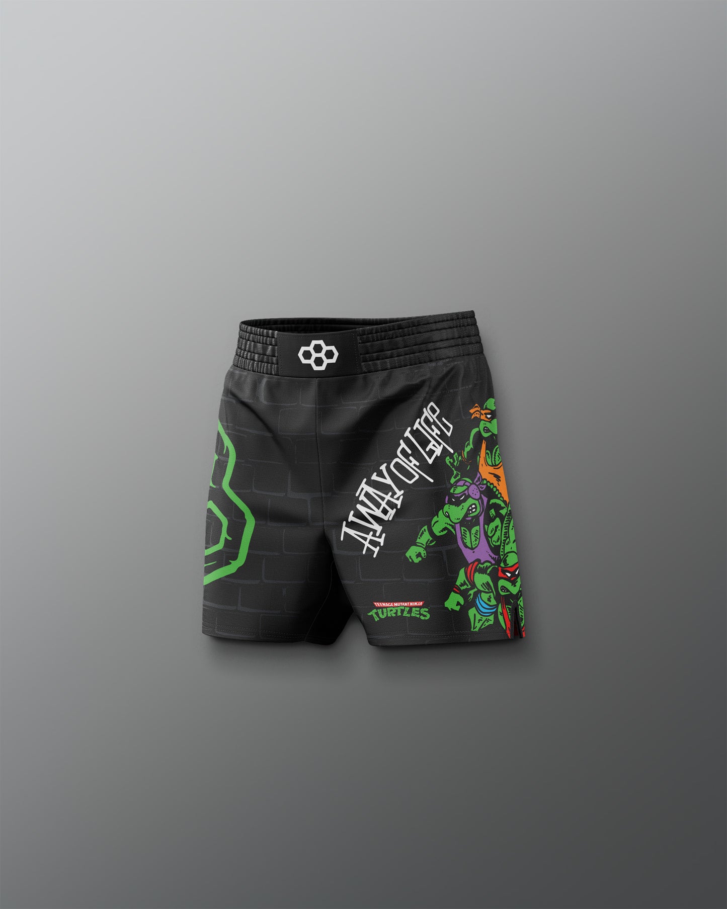 Black shorts with colorful graphics on a gray background. TMNT. Teenage Mutant Ninja Turtle