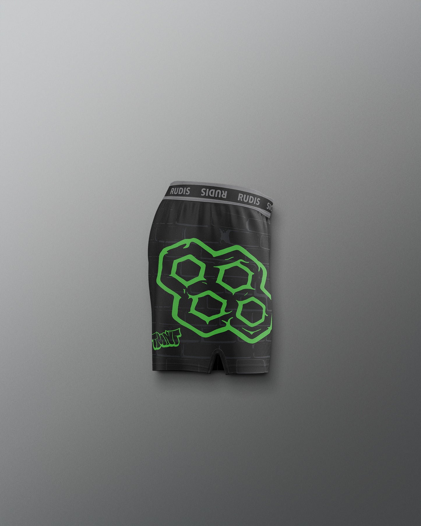 Black boxer briefs with green geometric pattern on a gray background. TMNT. Teenage Mutant Ninja Turtle