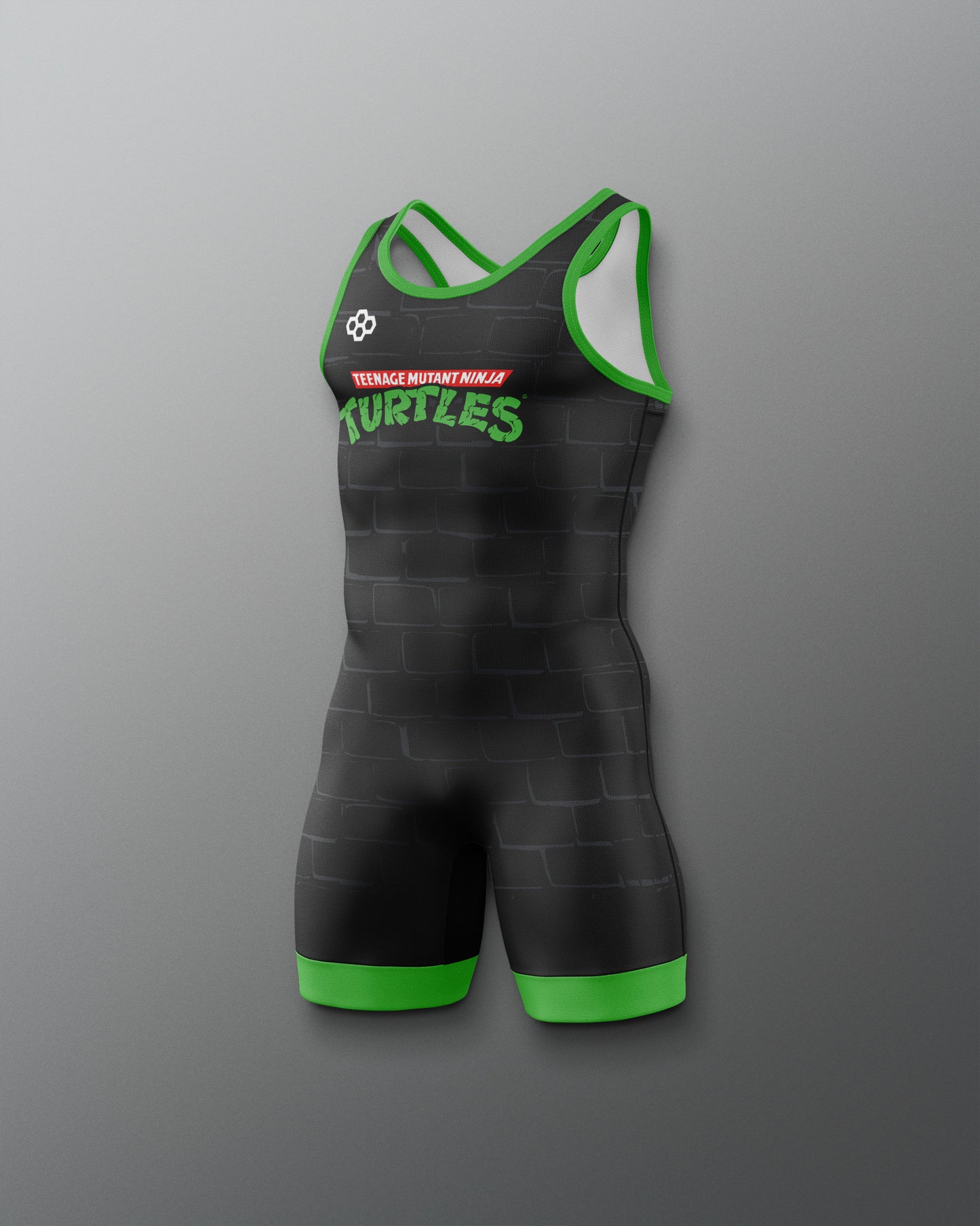 Black and green wrestling singlet with 'Teenage Mutant Ninja Turtles' text on a gray background. TMNT