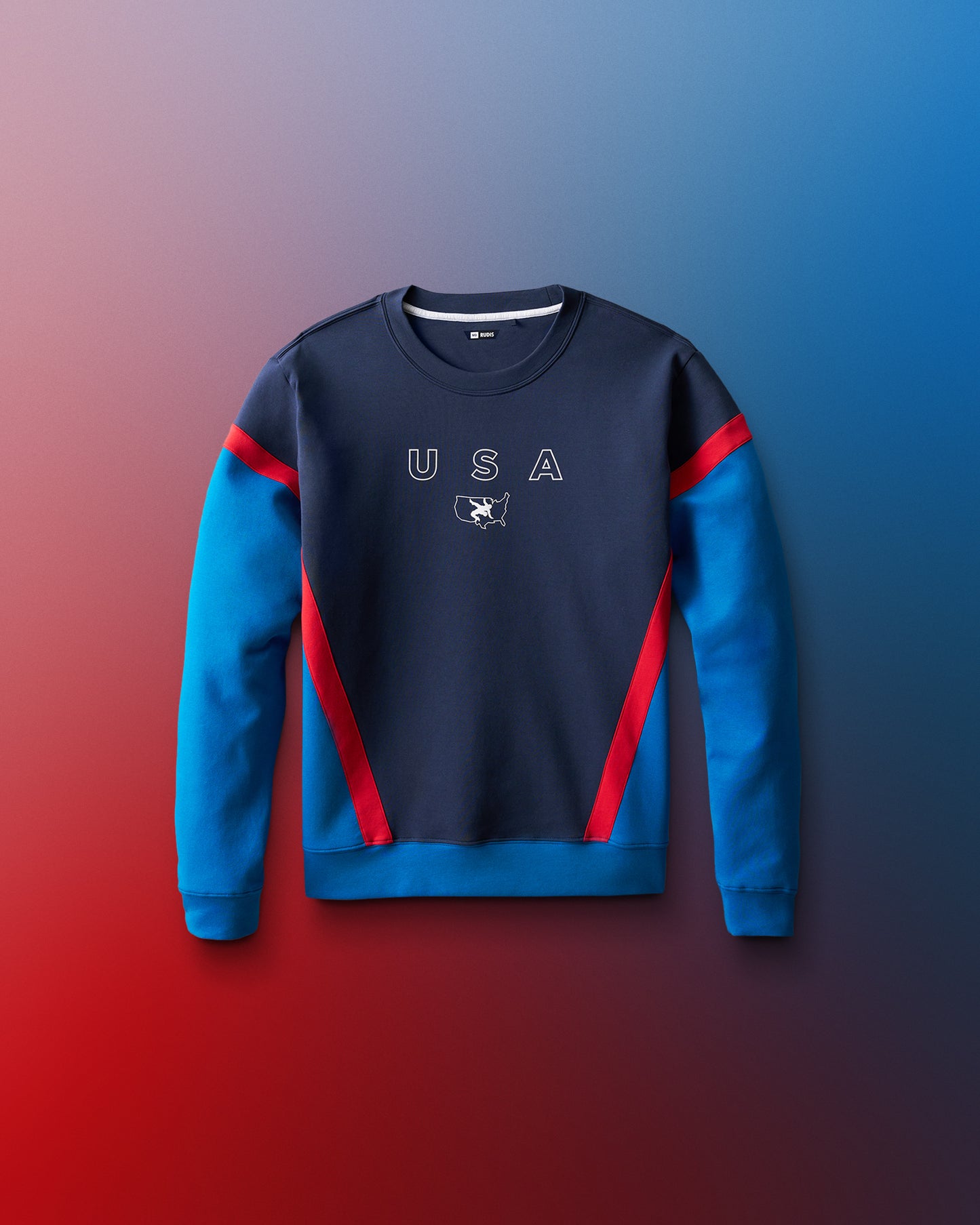 A youth colorblock crewneck sweatshirt with 'USA' text on the front, featuring red, white, and blue colors.