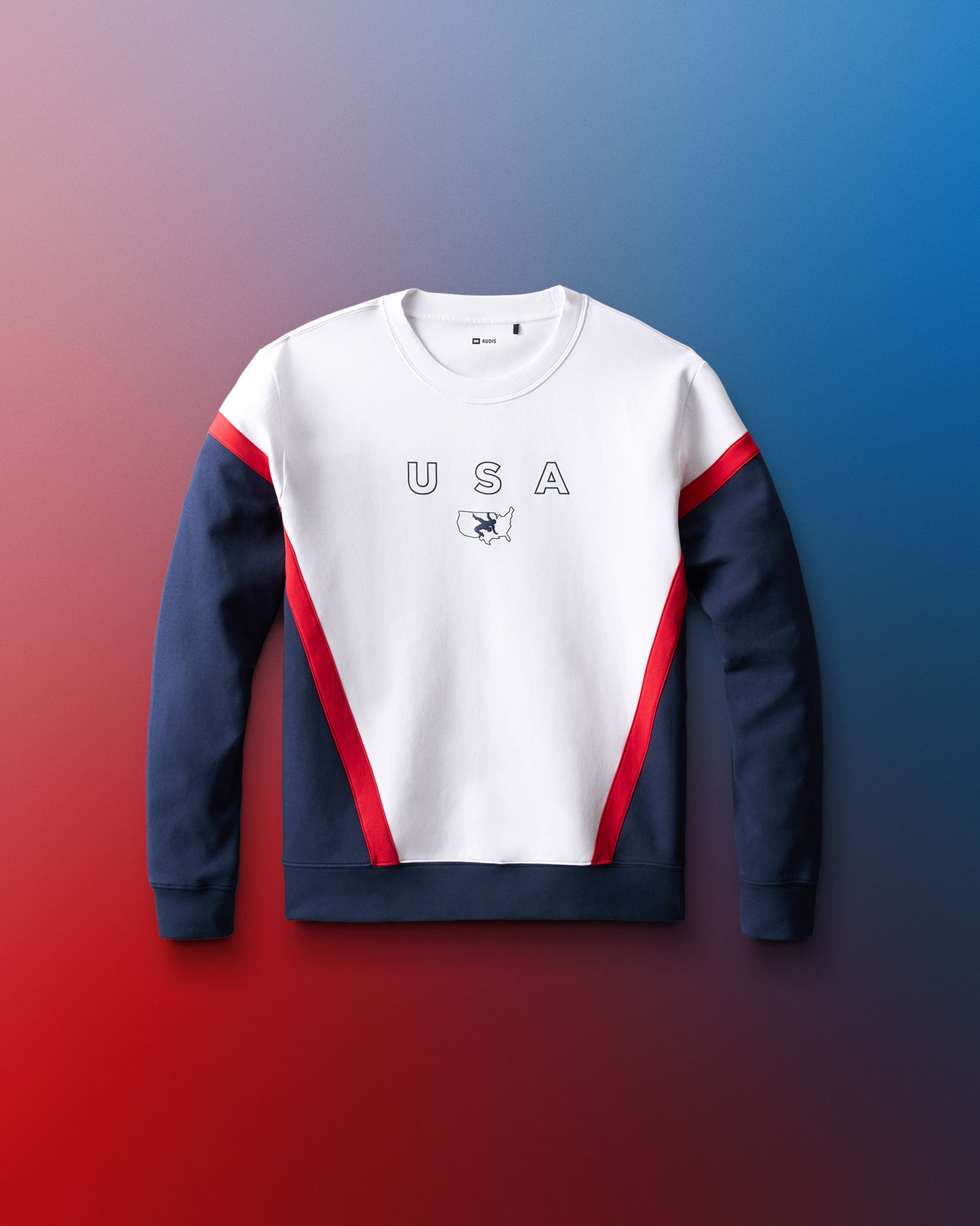 A youth colorblock crewneck sweatshirt with 'USA' text on the front, featuring red, white, and blue colors.