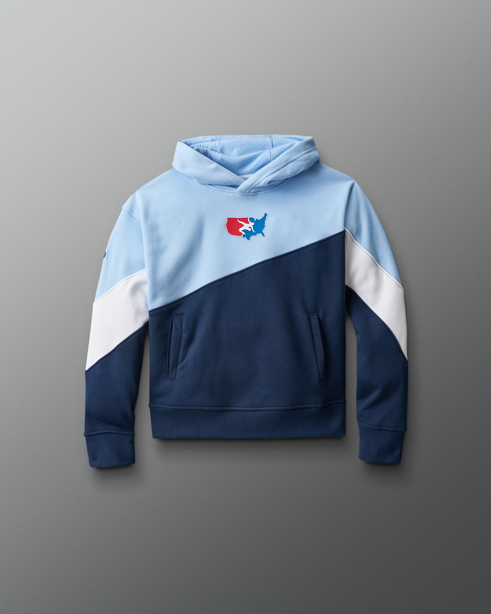 USA Wrestling Fleece Colorblock Youth Hoodie - Navy/Light Blue