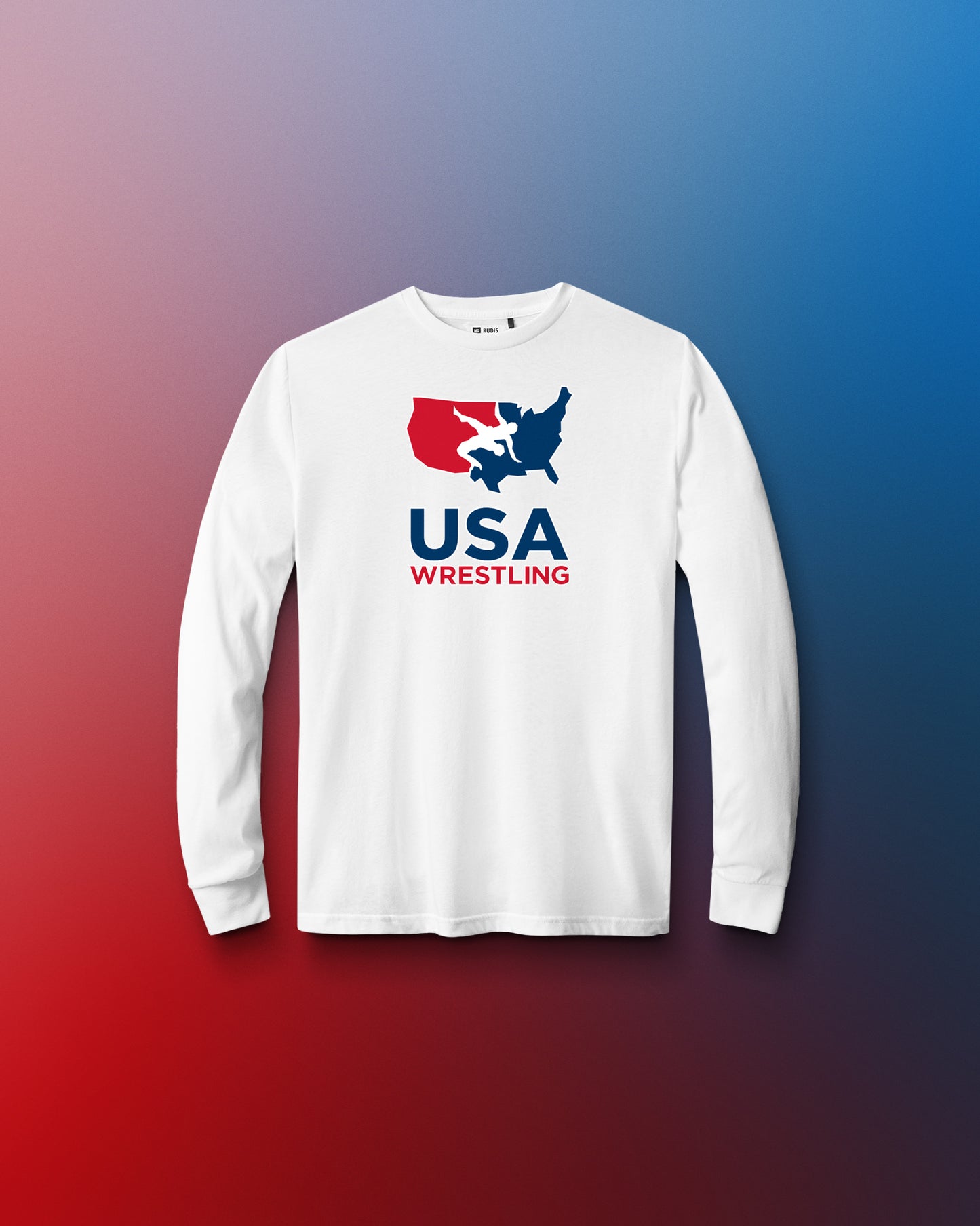 White long-sleeve shirt with USA Wrestling logo on a gradient background