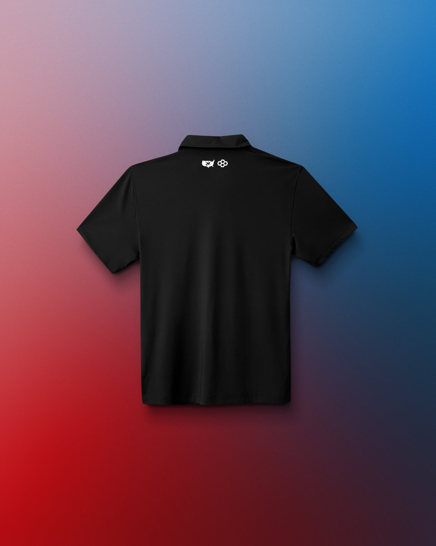Black polo shirt with a logo on the back against a gradient background