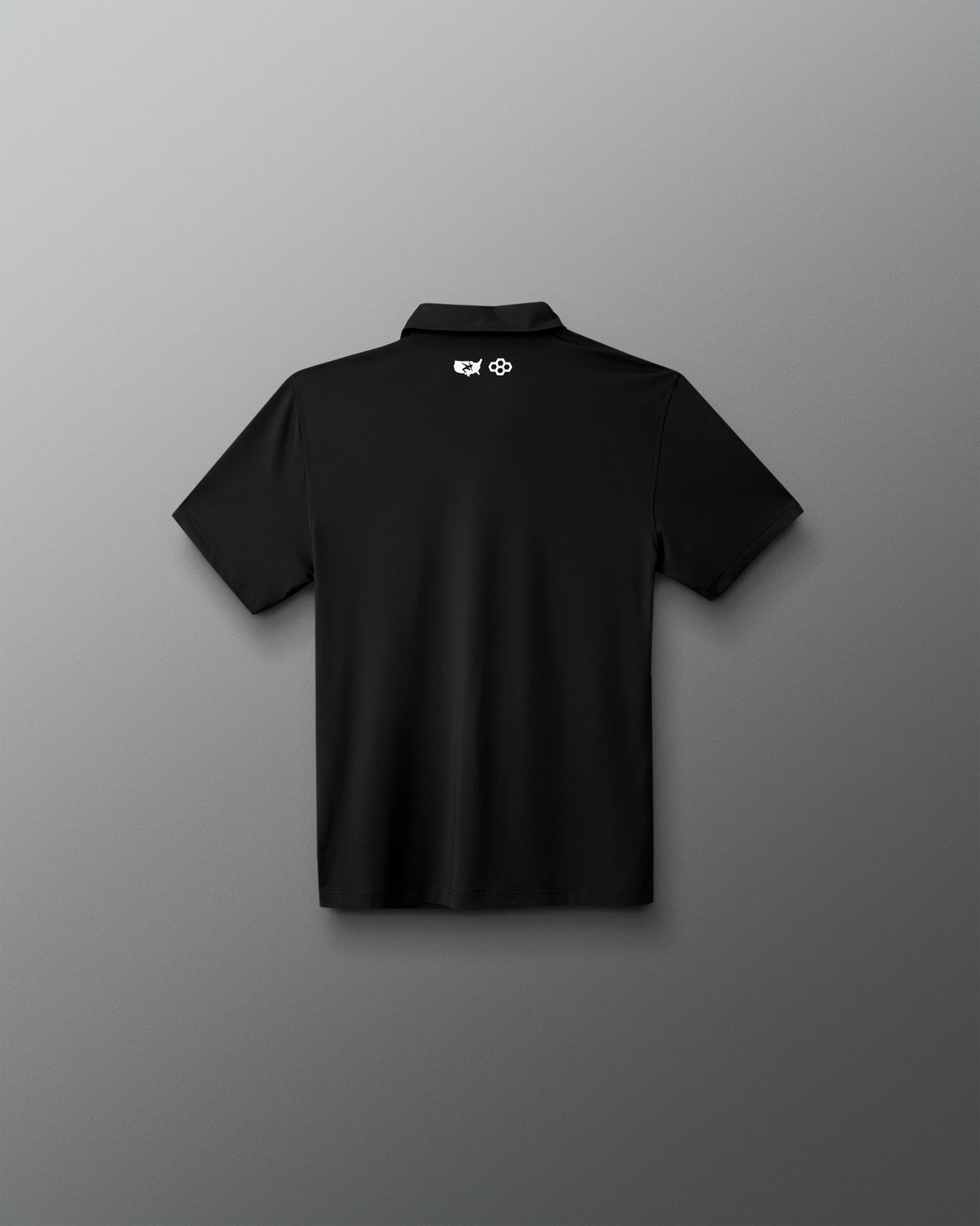 Black polo shirt with a logo on the back against a gradient background