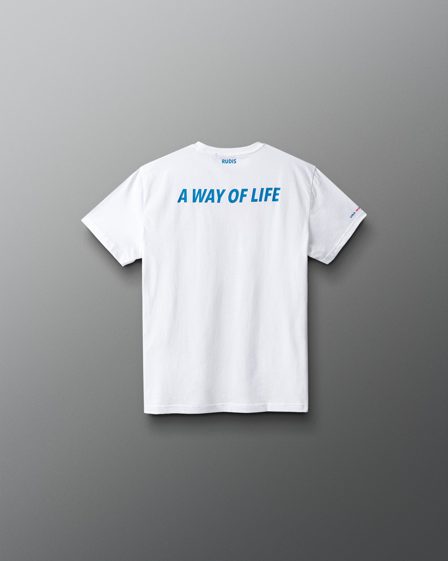 White t-shirt with 'A Way of Life' text on the back against a gray background