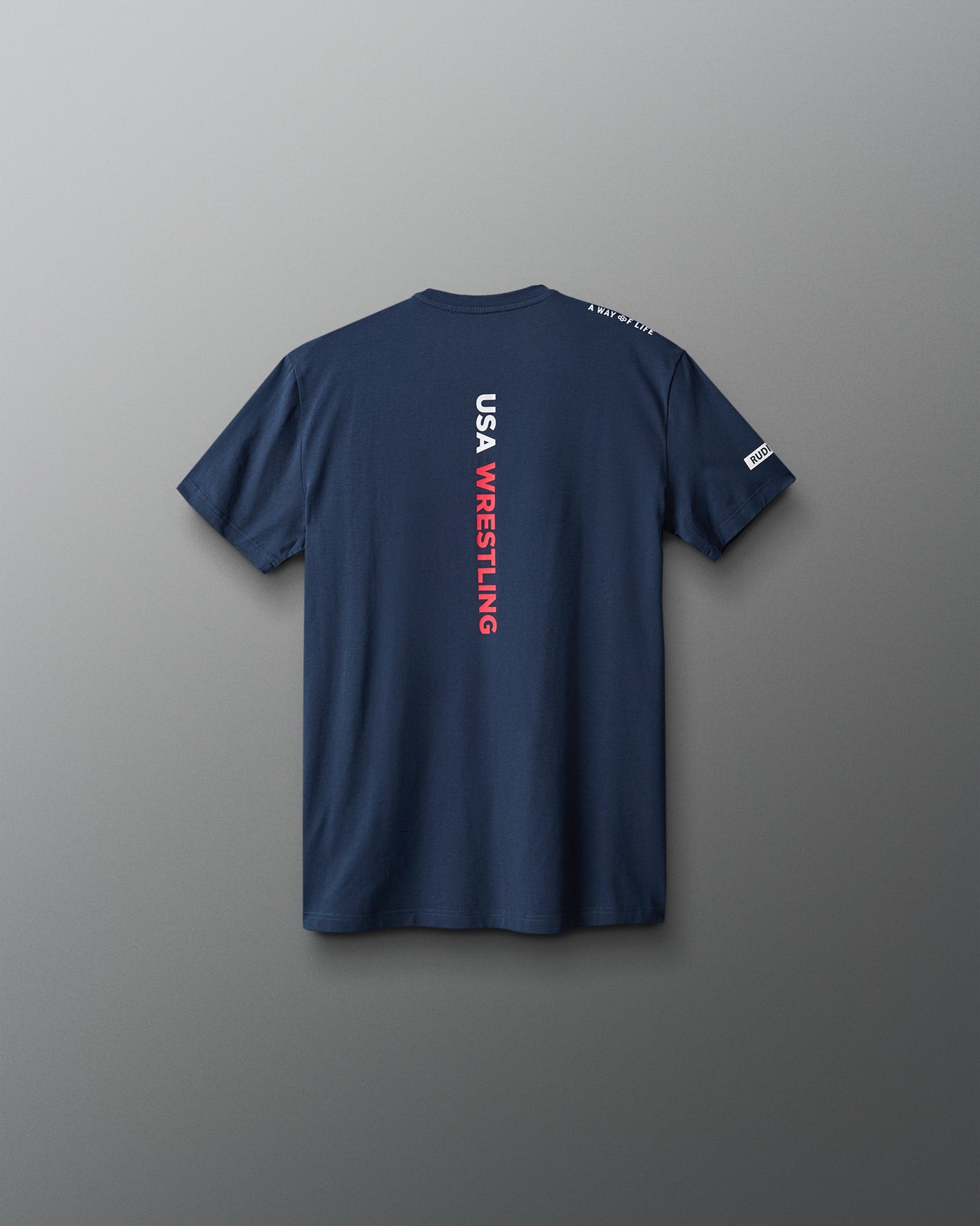 Navy blue t-shirt with 'USA Wrestling' text on the back against a gray background