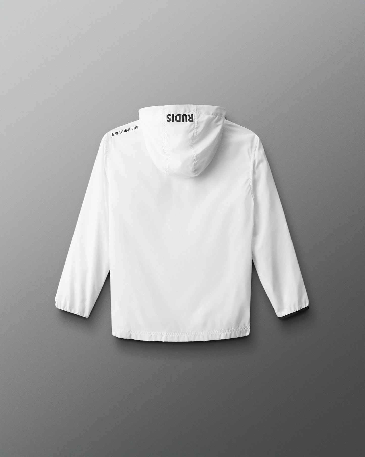 White jacket with a brand logo on the back against a gray background