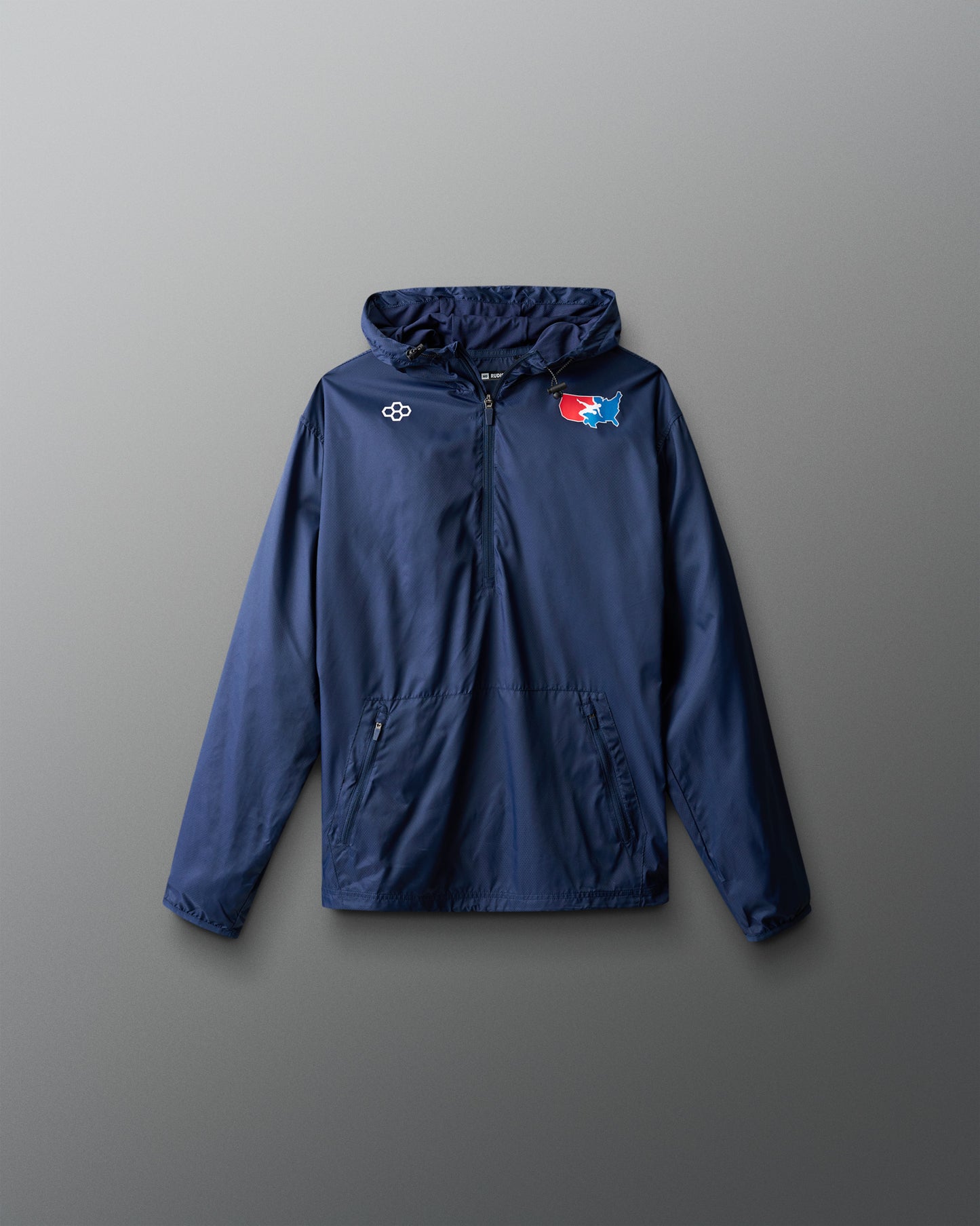 Blue jacket with logos on a gray background