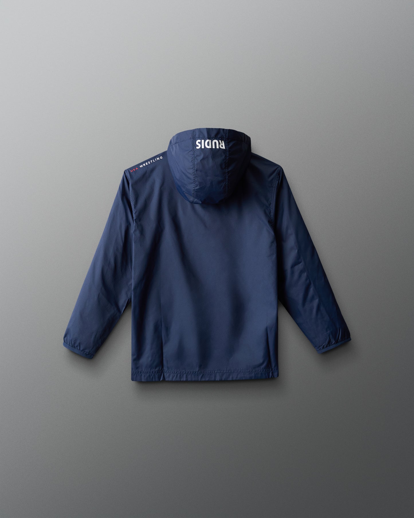 Blue jacket with a brand logo on the back against a gray background