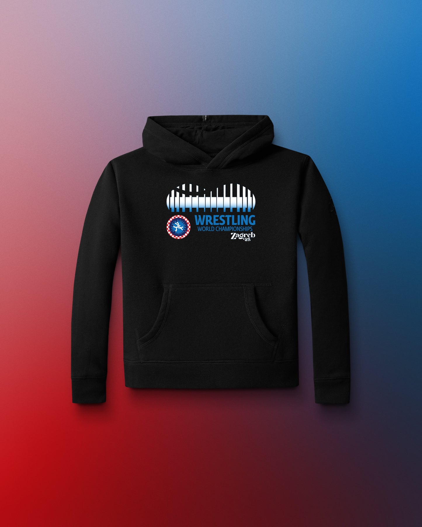 Black hoodie with wrestling design on a gradient background 'Wrestling World Championships'