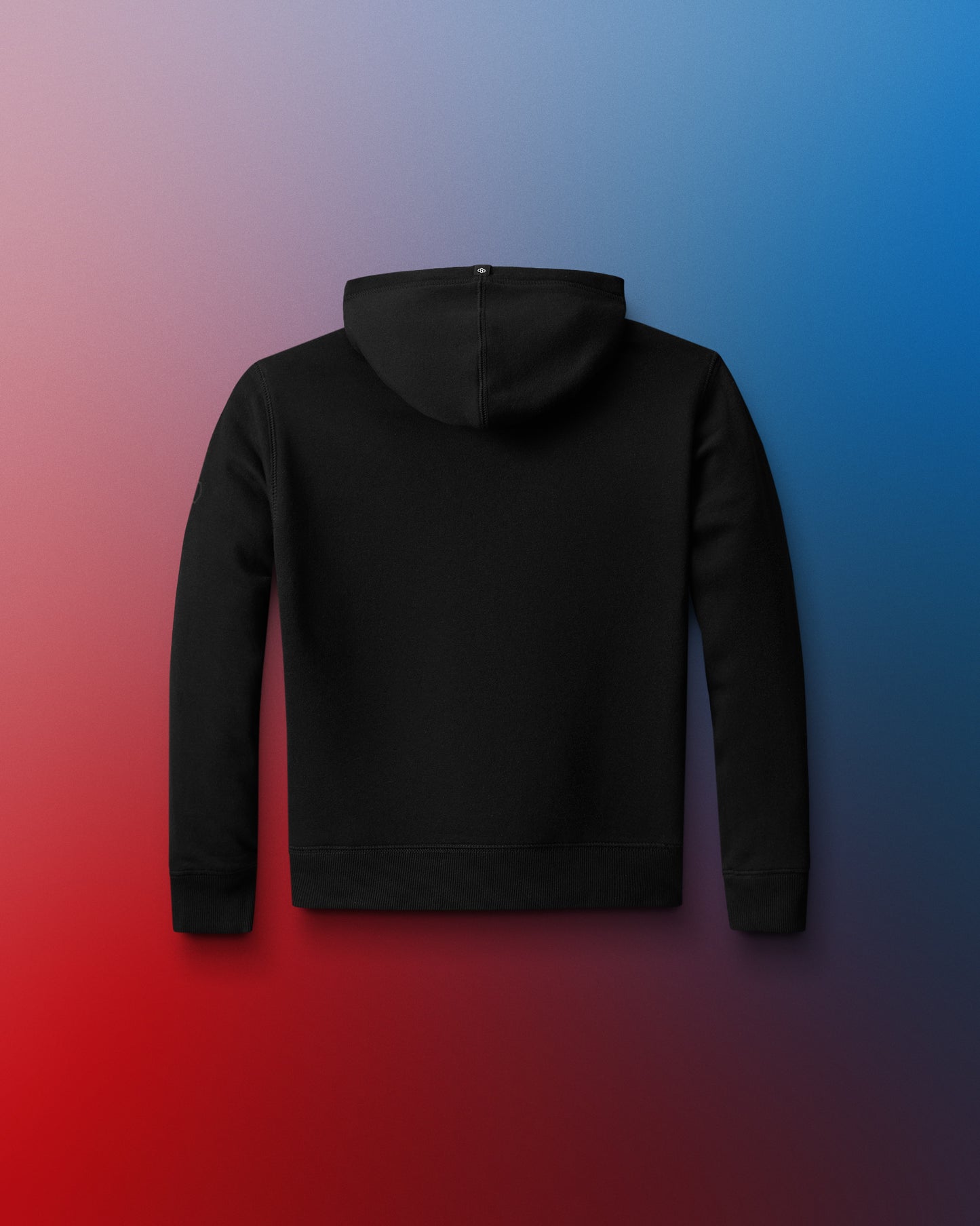 Black hoodie on a gradient blue to red background