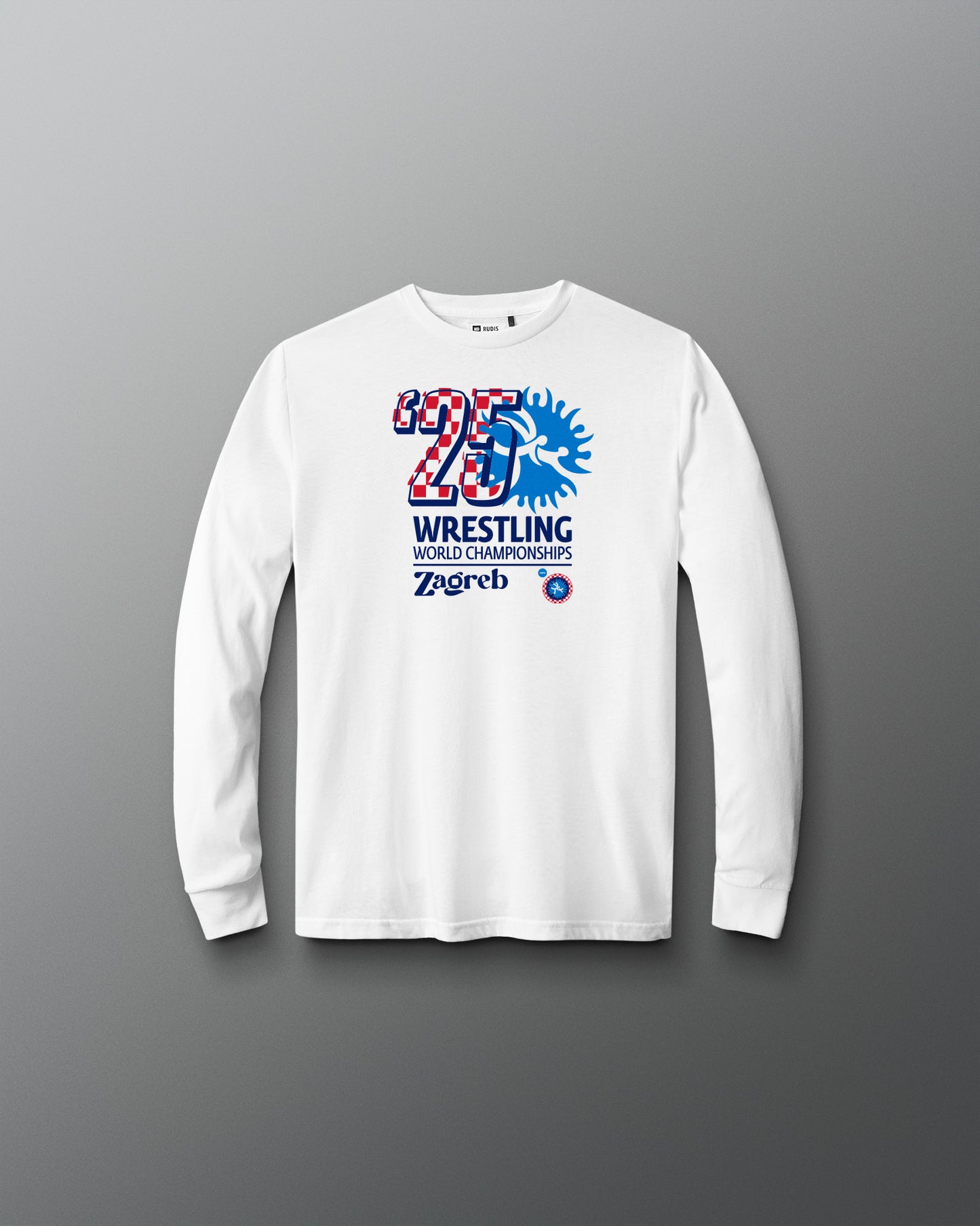 White long-sleeve shirt with wrestling world championships graphic on a gradient background. Zagreb, United World Wrestling